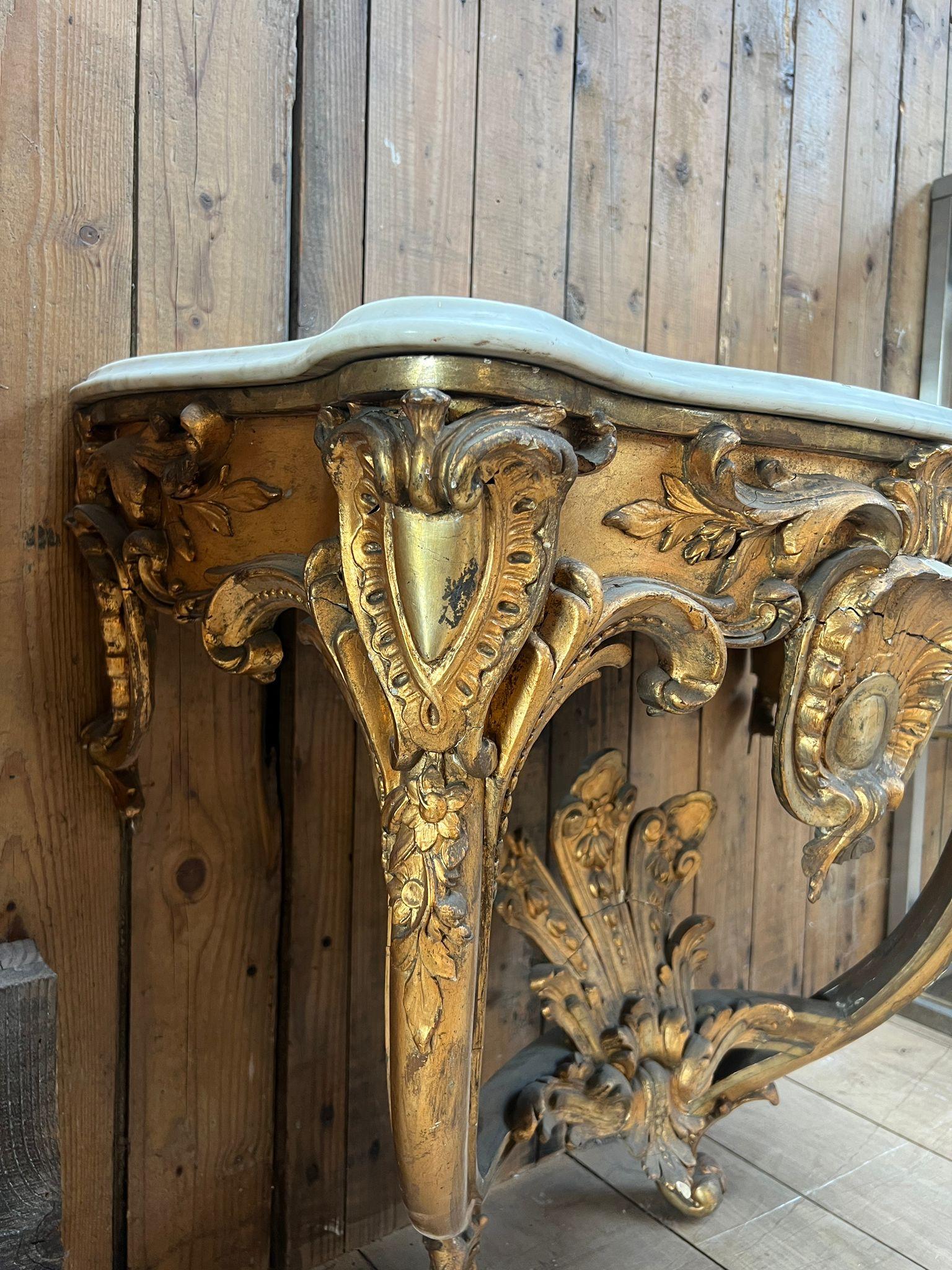 Louis XV-Style Gilded Console Table with Marble Top For Sale 1
