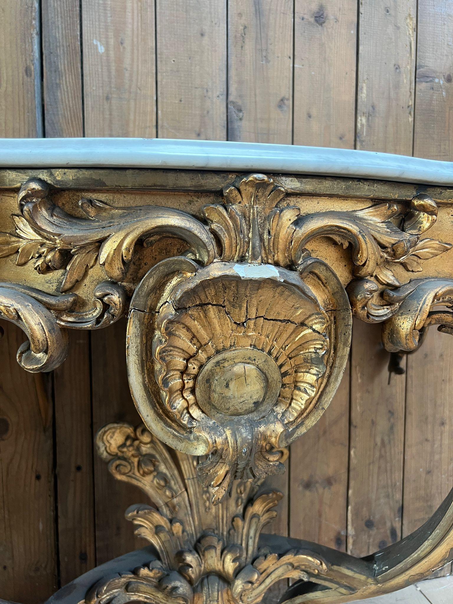 Louis XV-Style Gilded Console Table with Marble Top For Sale 2