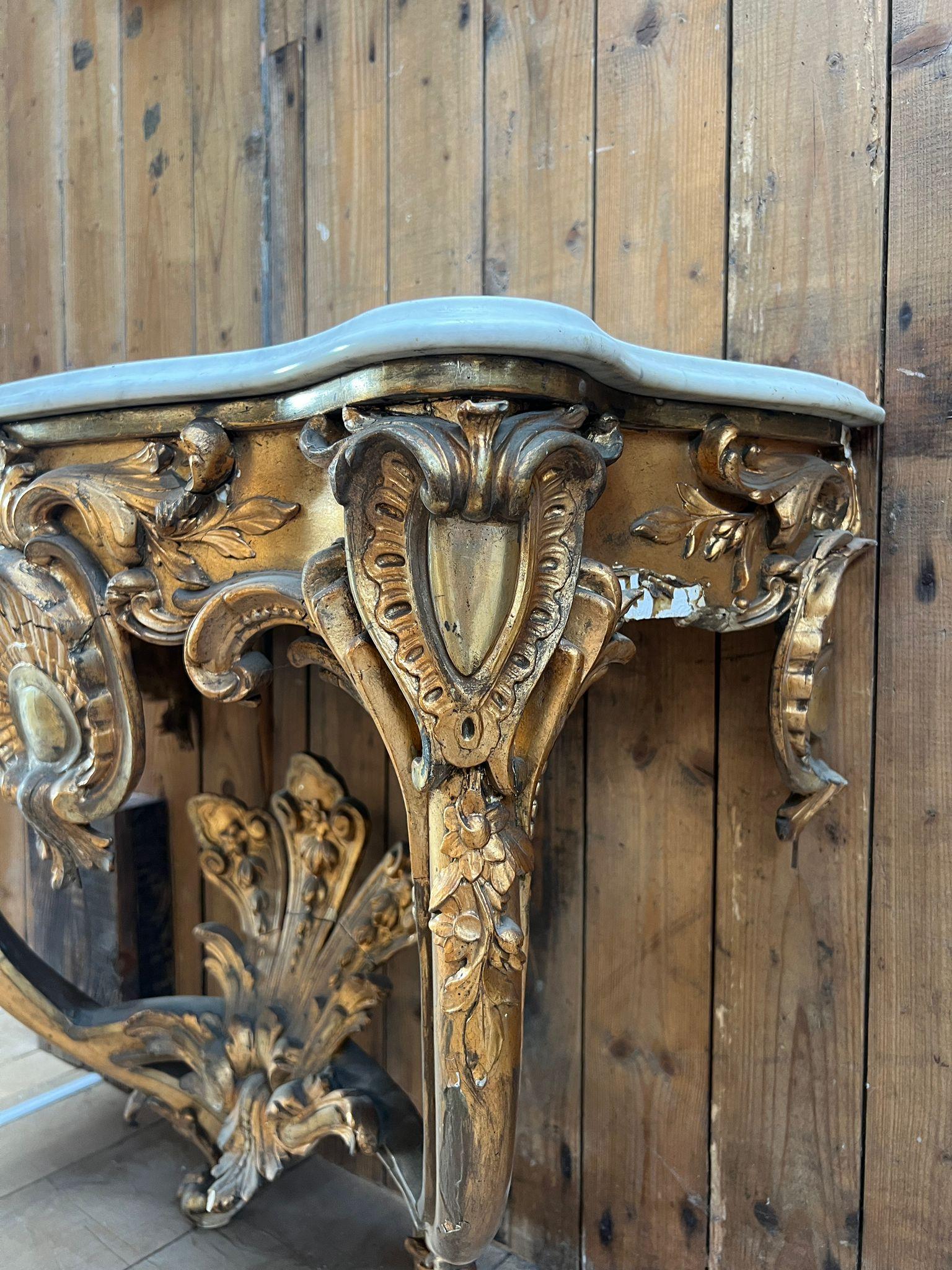 Louis XV-Style Gilded Console Table with Marble Top For Sale 3