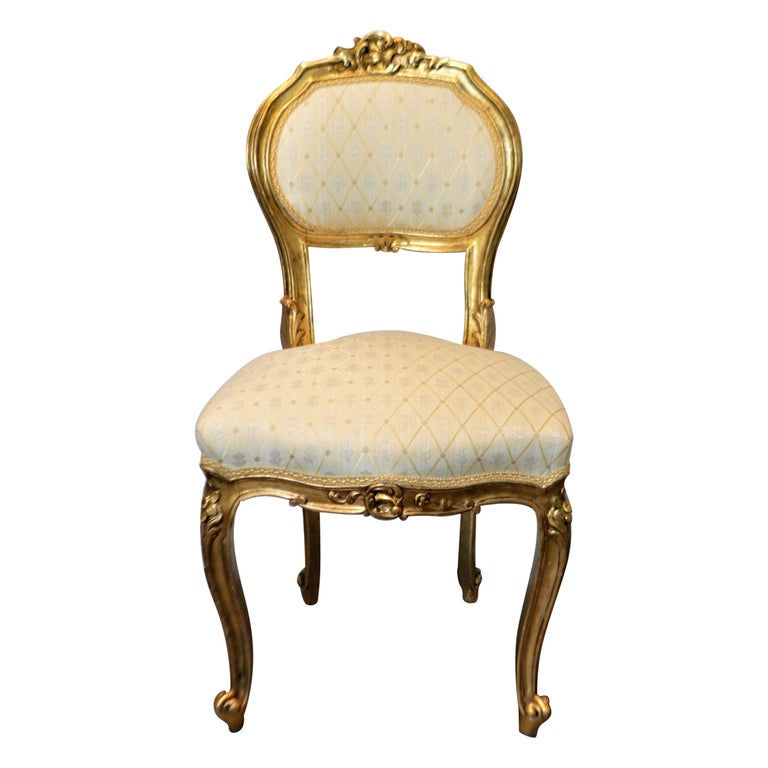 Louis XV Style Gilded Side Chair, Newly Upholstered in a Cream and Gold