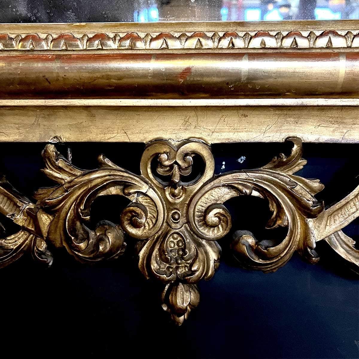 Mercury Glass Louis XV Style Gilded Wood and Stucco Rocaille Mirror For Sale