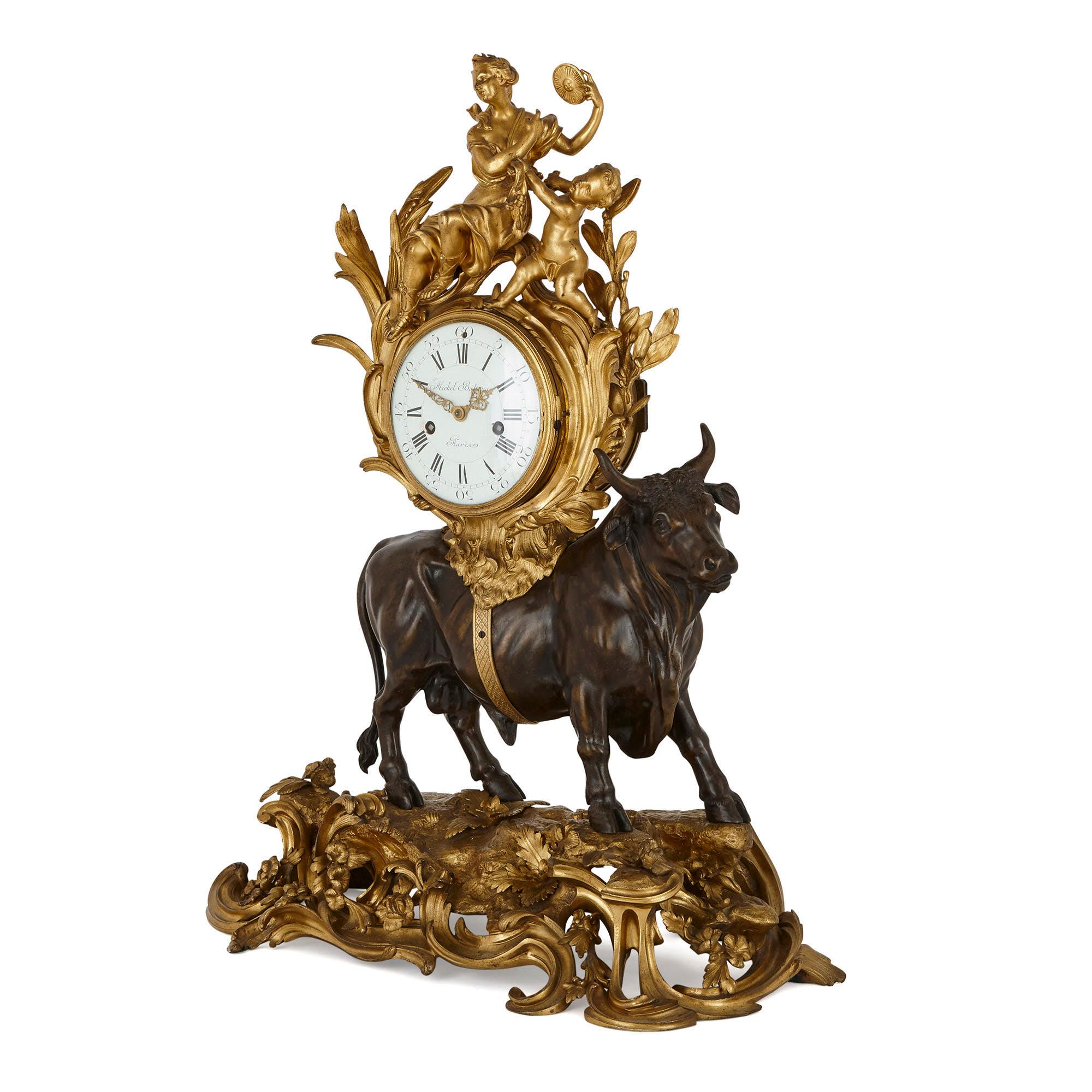This mantel clock beautifully illustrates the classical myth of ‘The Abduction of Europa’. In this story, the god Zeus falls in love with a mortal woman called Europa. To seduce her, Zeus transforms himself into a white bull. Europa then mounts the