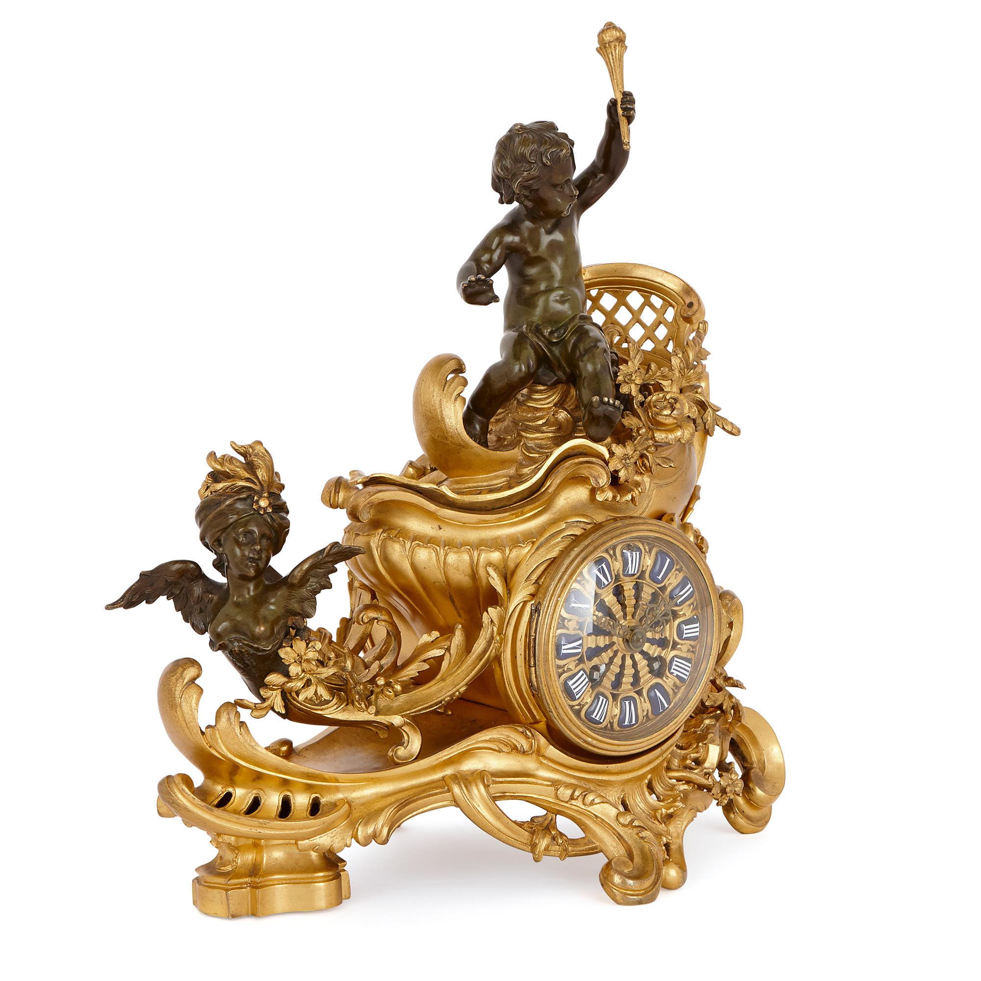 With its abundance of curves, scrolling foliage, its charming putti figures, and general theatricality and opulence, this clock set is clearly inspired by French decorative arts of the Louis XV period (1710-1774). These made use of Rocaille style