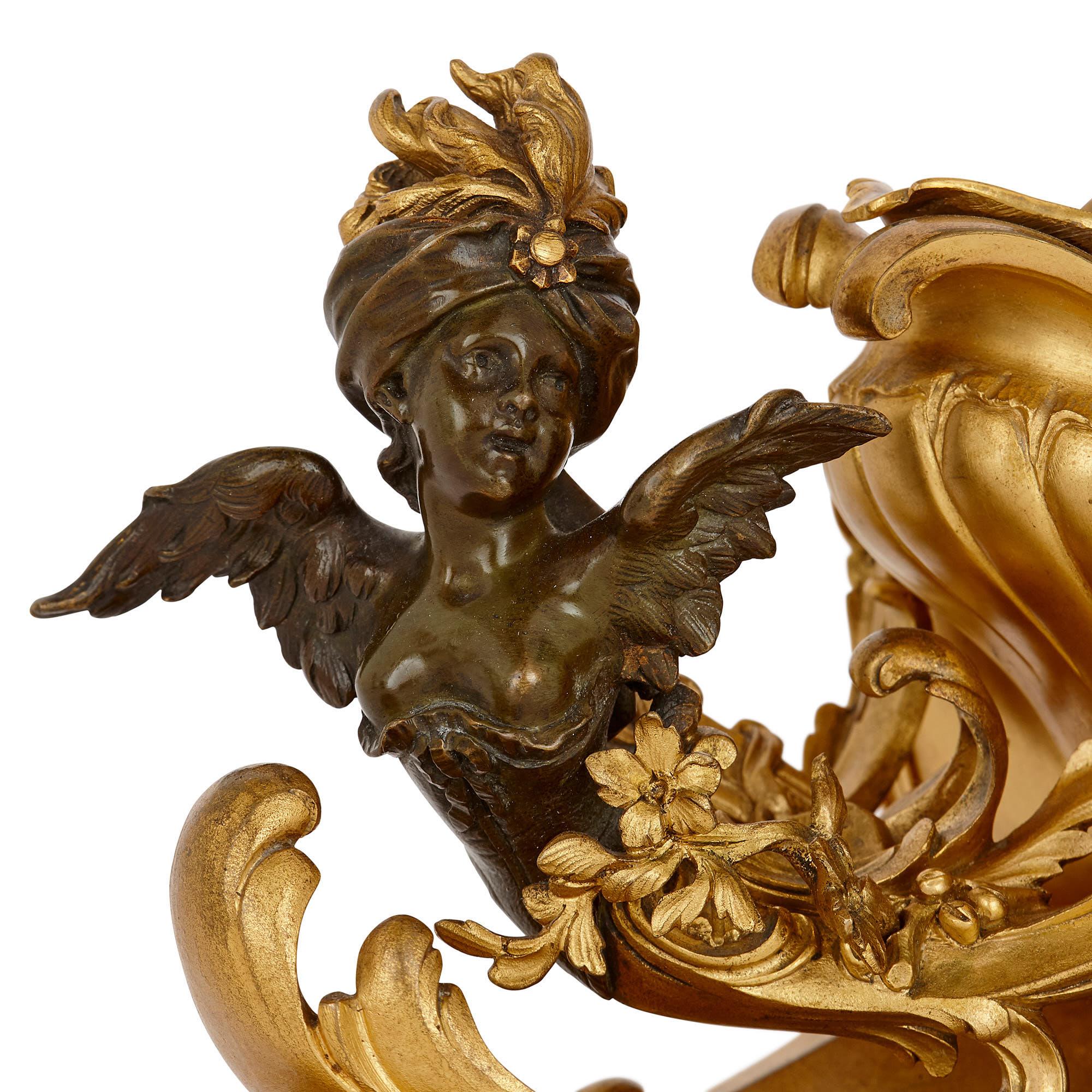19th Century Louis XV Style Gilt and Patinated Clock Set, Attributed to Linke For Sale
