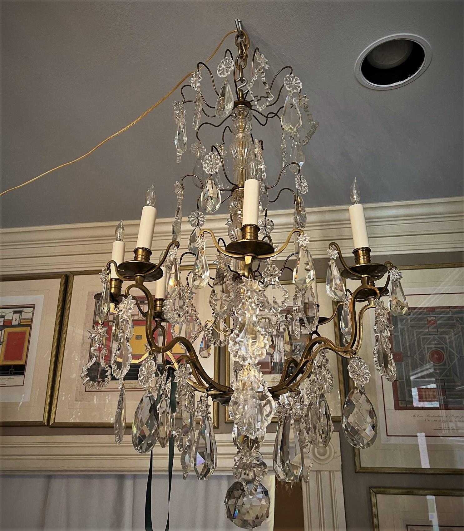 French Louis XV Style Gilt Brass & Crystal 8-Light Chandelier, France, Circa:1935 For Sale