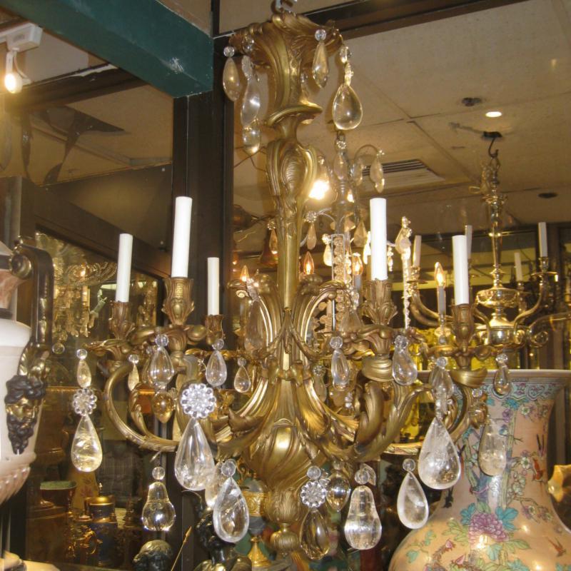French Louis XV Style Gilt Bronze 6-Light Chandelier with Rock Crystals For Sale