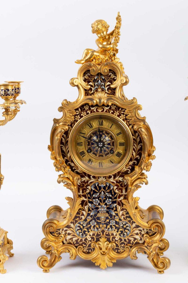 Louis XV Style Gilt Bronze and Cloisonné Enamel Mantel Set 4