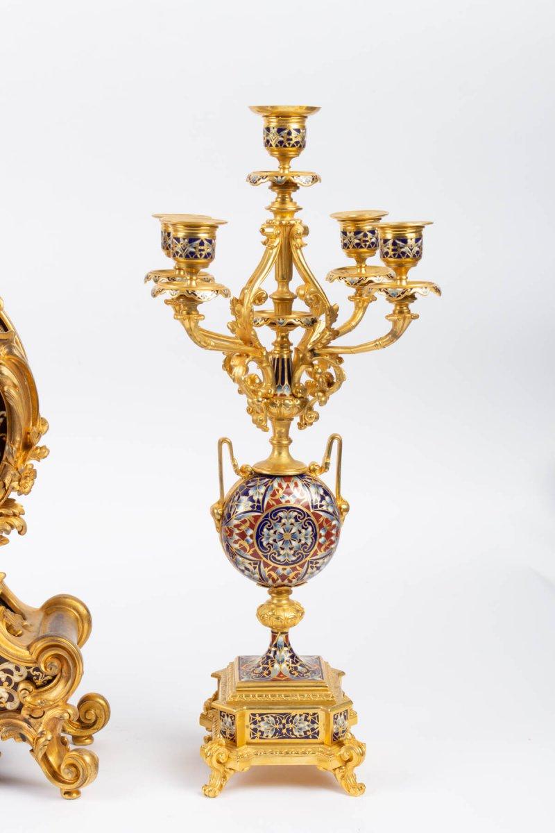 Louis XV Style Gilt Bronze and Cloisonné Enamel Mantel Set 5