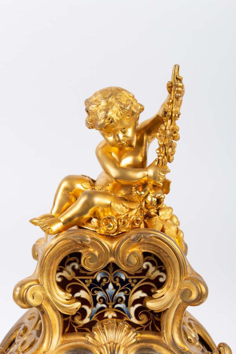 Louis XV Style Gilt Bronze and Cloisonné Enamel Mantel Set 6