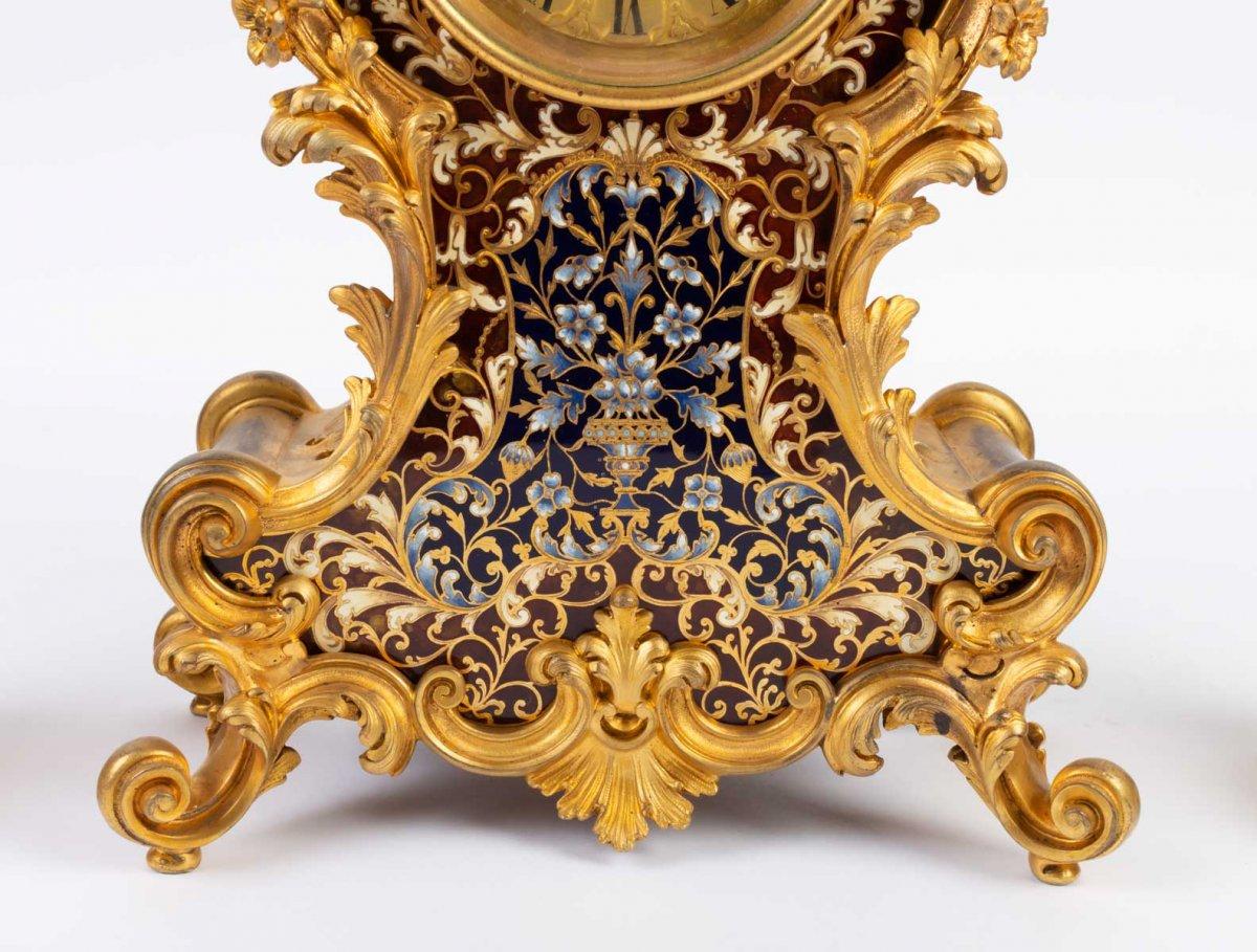 French Louis XV Style Gilt Bronze and Cloisonné Enamel Mantel Set