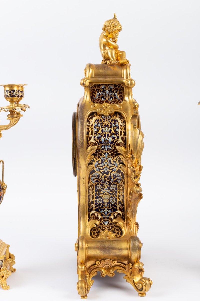 Cloissoné Louis XV Style Gilt Bronze and Cloisonné Enamel Mantel Set