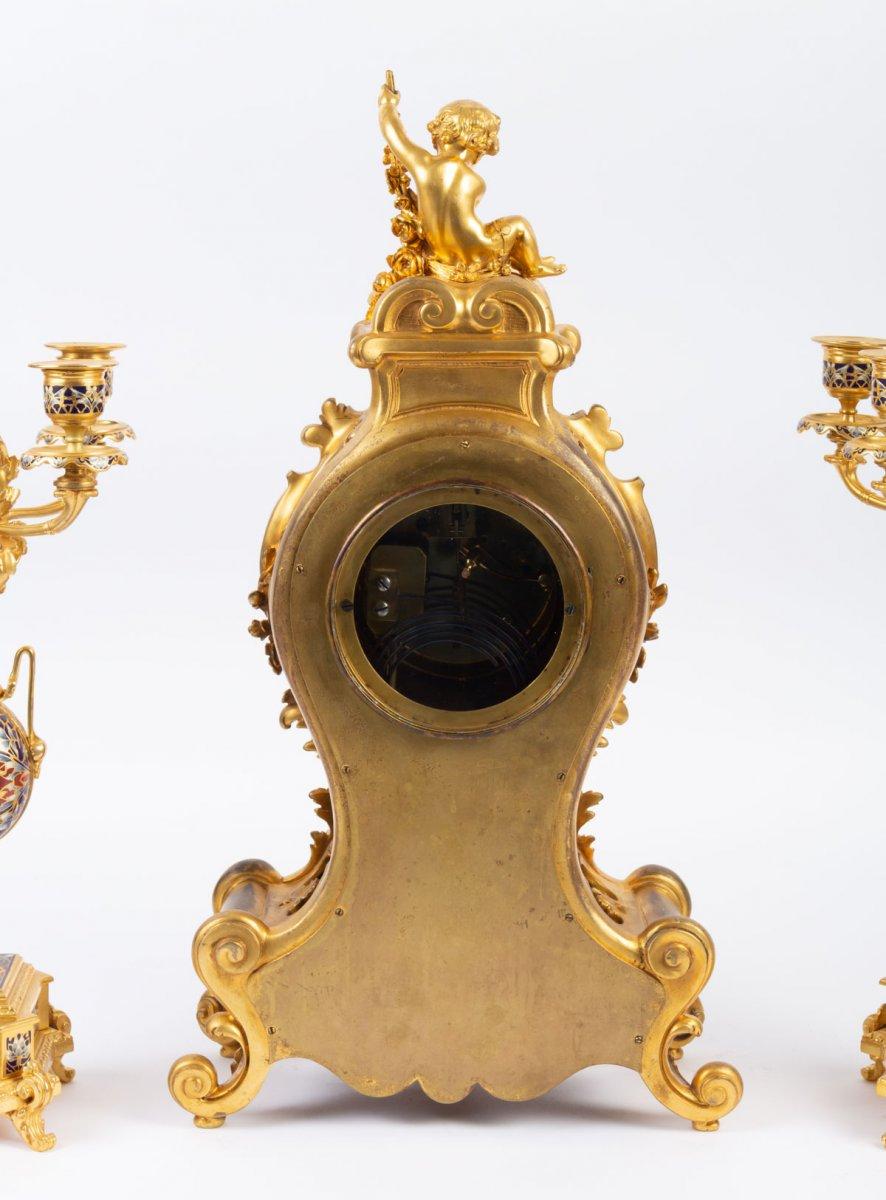 Louis XV Style Gilt Bronze and Cloisonné Enamel Mantel Set In Good Condition In Saint-Ouen, FR