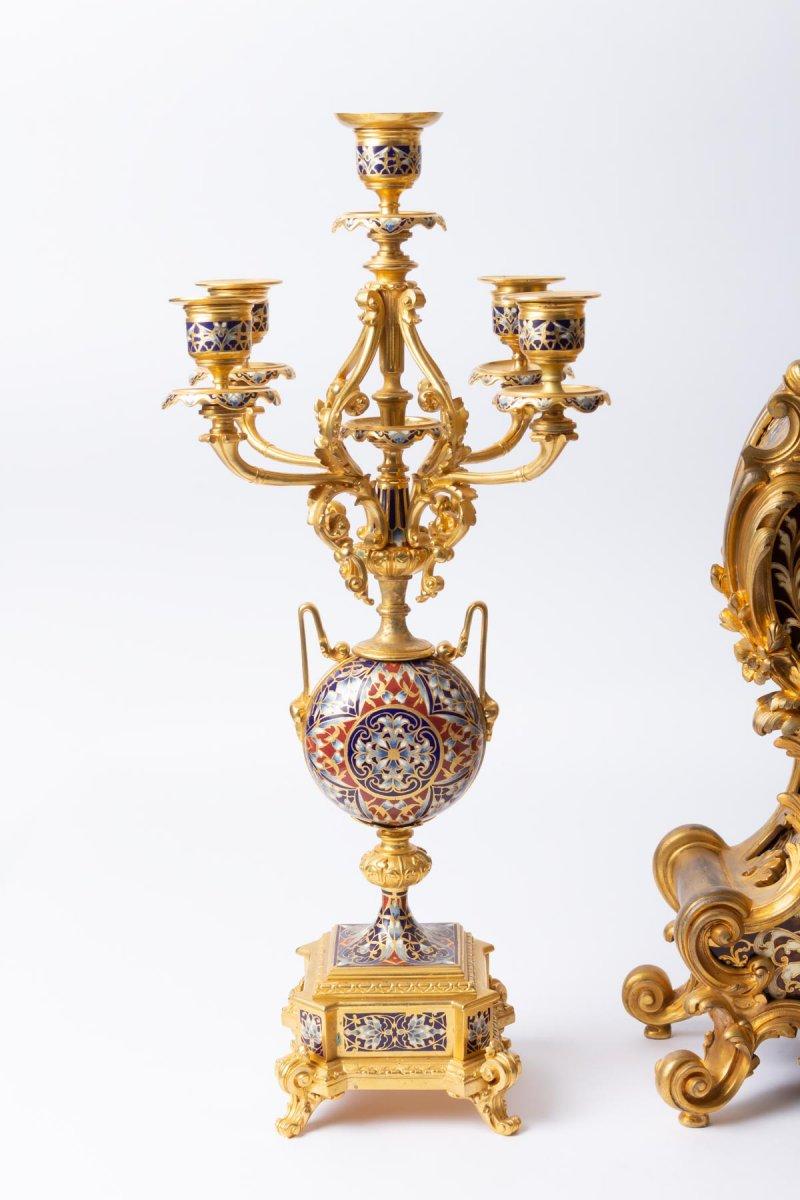 Louis XV Style Gilt Bronze and Cloisonné Enamel Mantel Set 3
