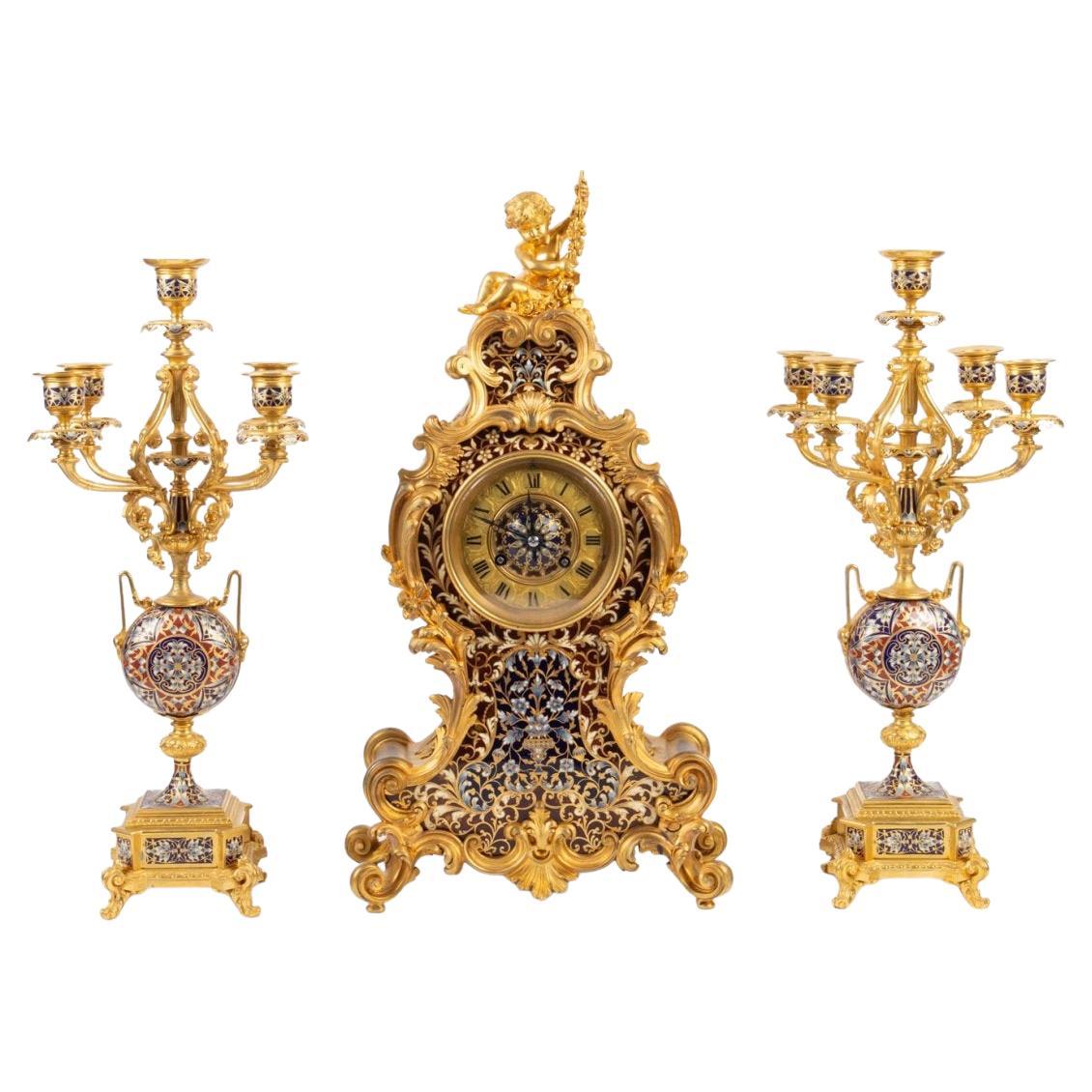 Louis XV Style Gilt Bronze and Cloisonné Enamel Mantel Set