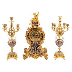 Antique Louis XV Style Gilt Bronze and Cloisonné Enamel Mantel Set