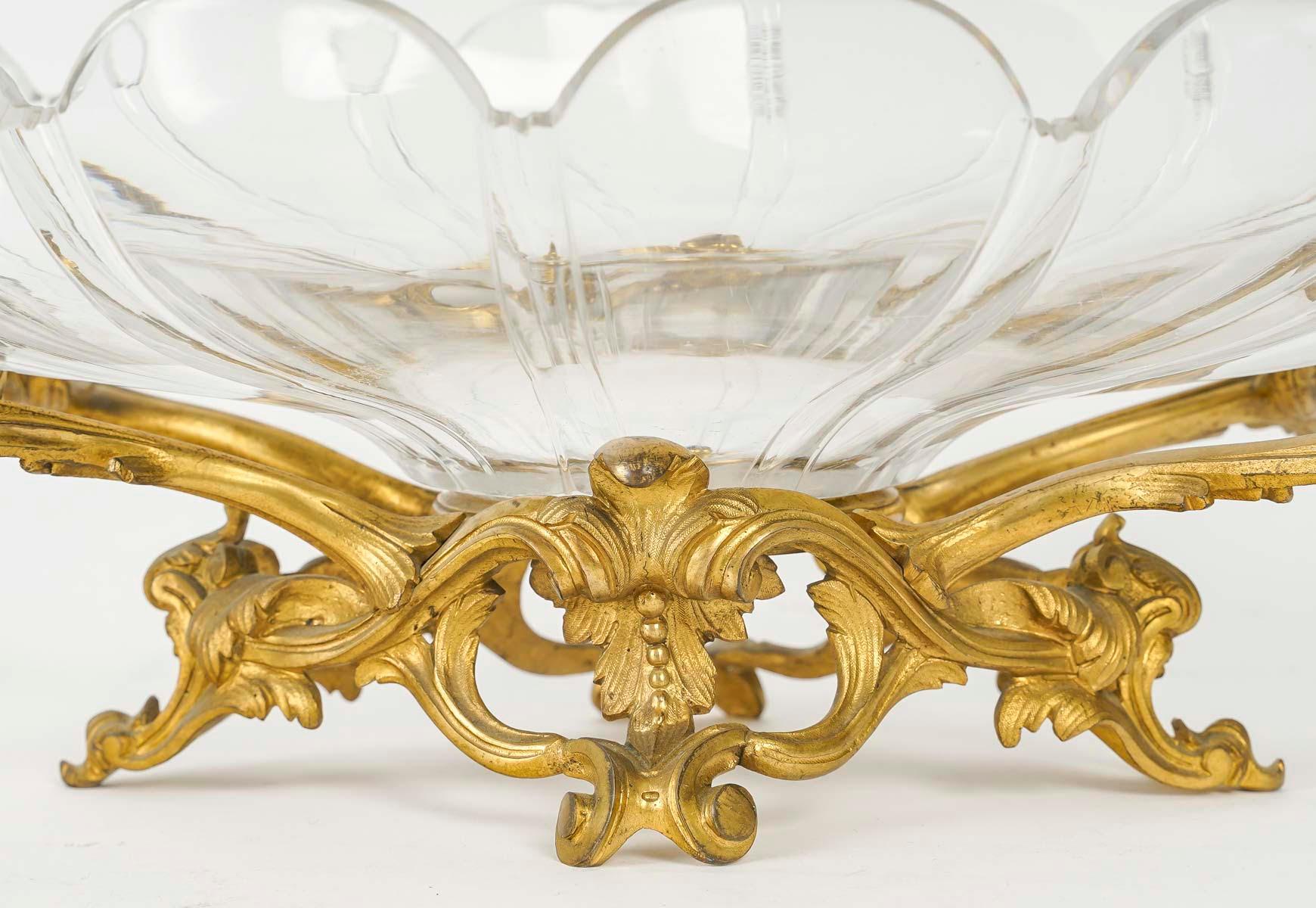 French Louis XV Style Gilt Bronze and Crystal Bowl, Napoleon III Period. For Sale