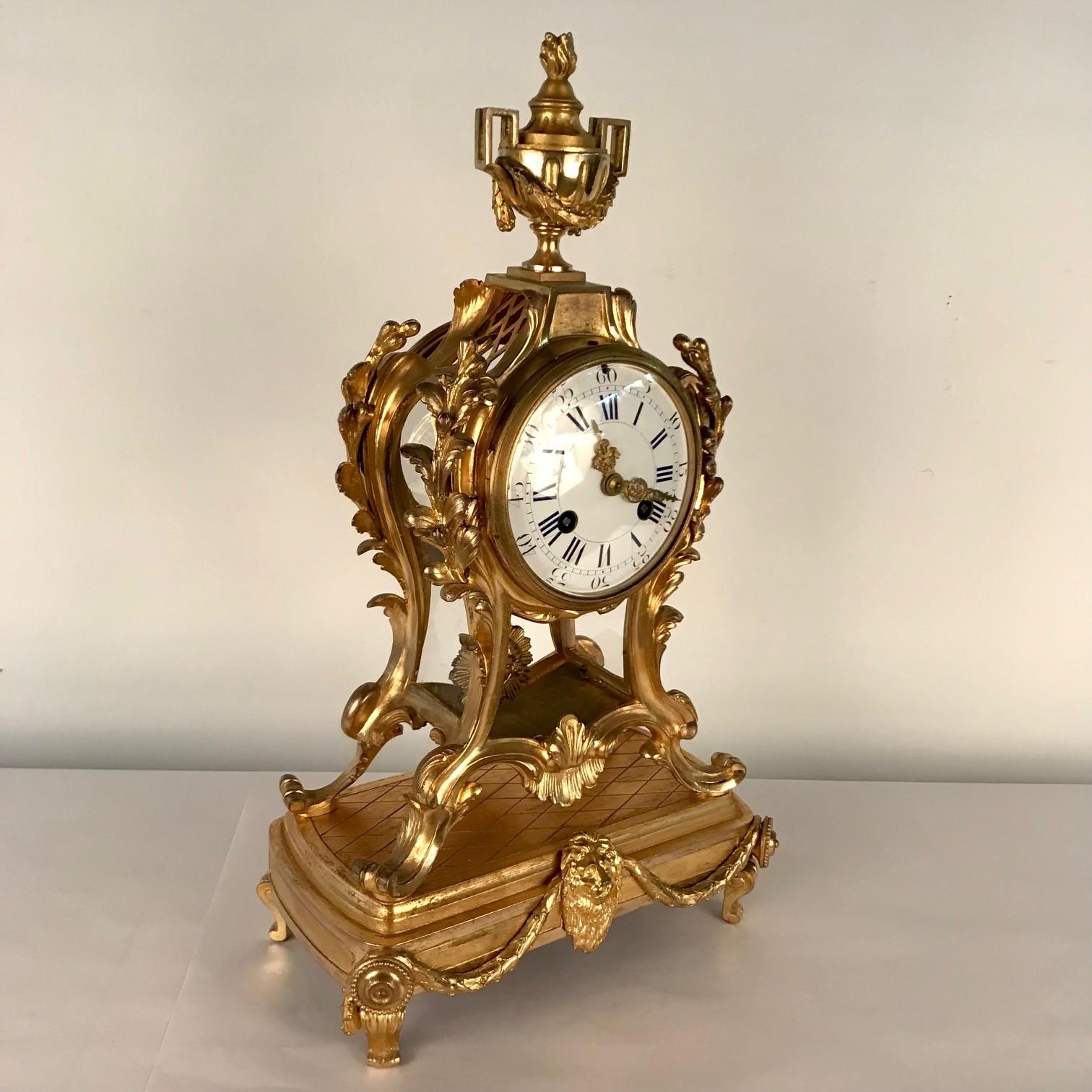 French Louis XV Style Gilt Bronze and Crystal Mantel Clock Garniture For Sale