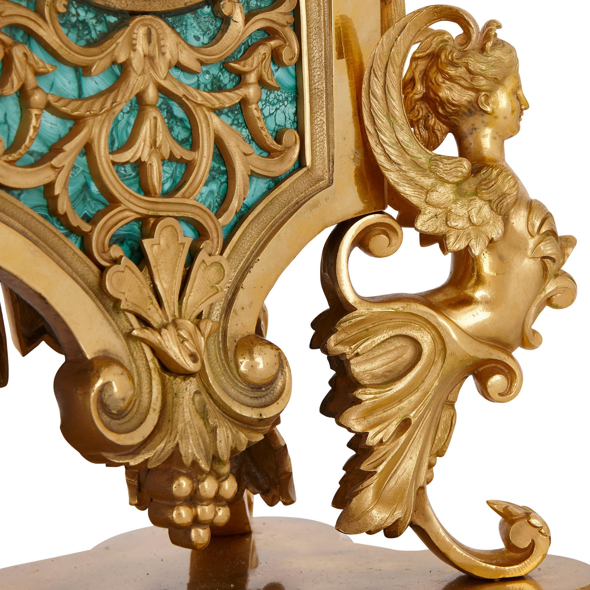 Louis XV Style Gilt Bronze and Malachite Mantel Clock For Sale 1