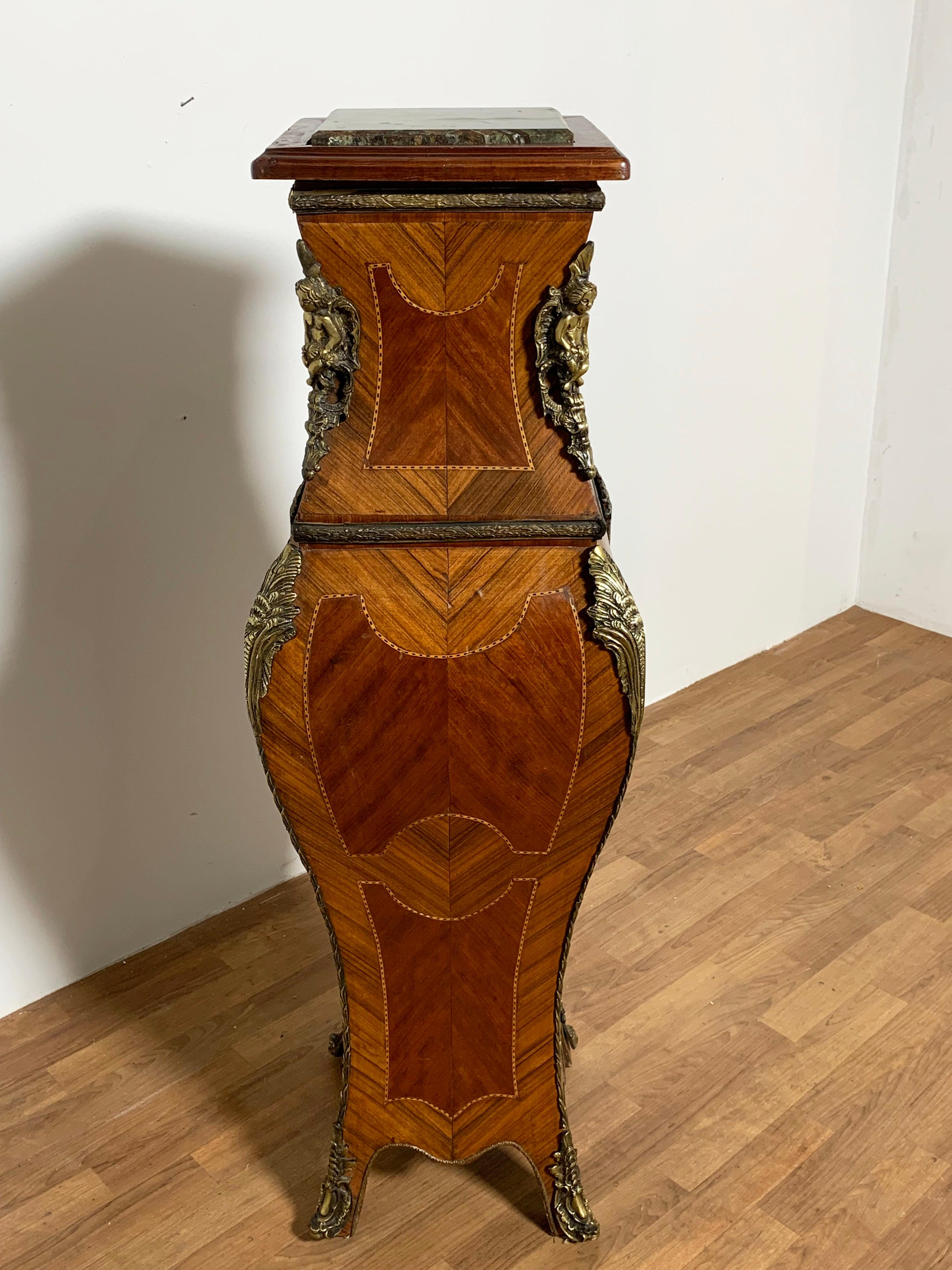 Unknown Louis XV Style Gilt Bronze and Wood Parquetry Pedestal With Marble Top Ca. 1950s