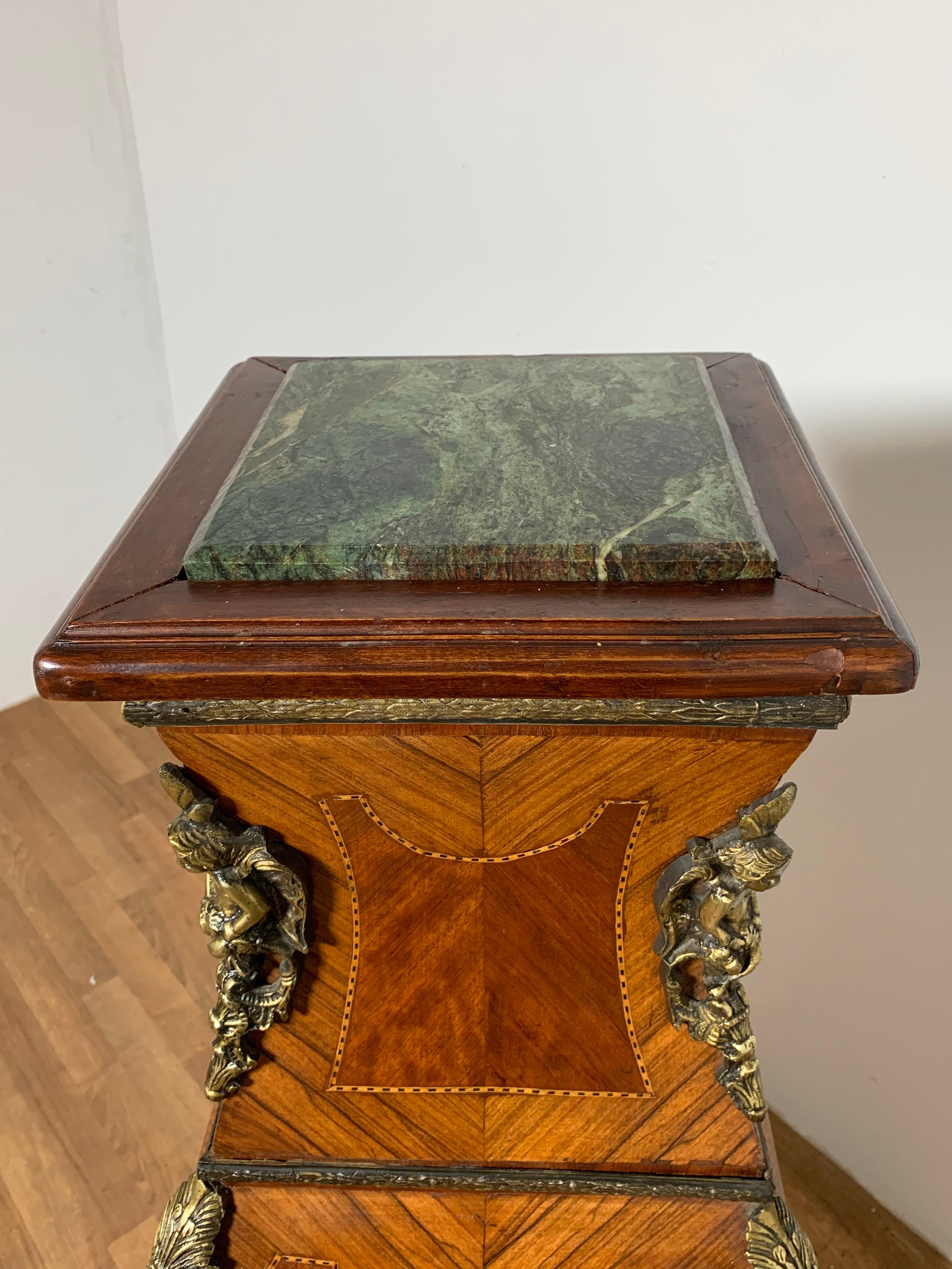 Louis XV Style Gilt Bronze and Wood Parquetry Pedestal With Marble Top Ca. 1950s 1
