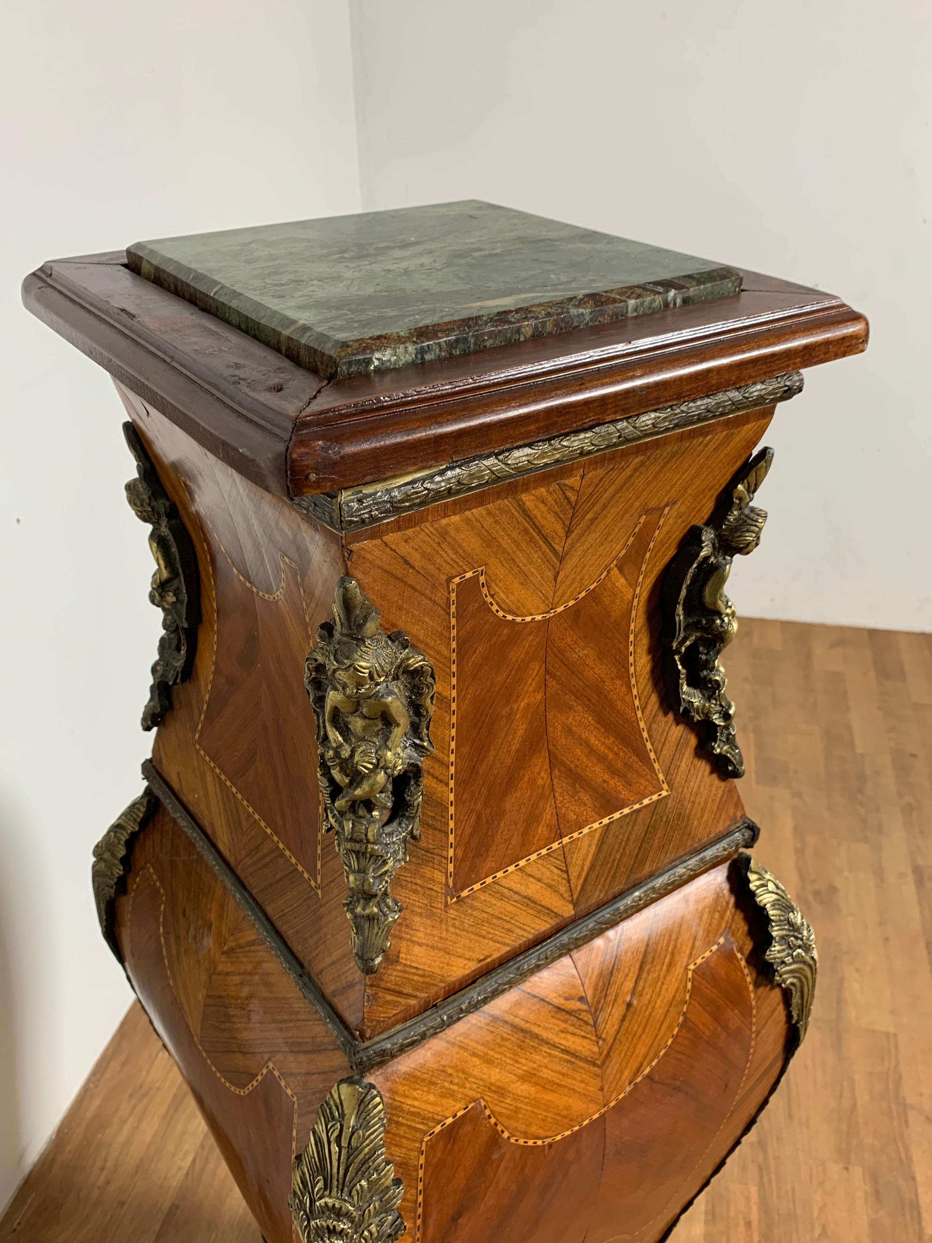Louis XV Style Gilt Bronze and Wood Parquetry Pedestal With Marble Top Ca. 1950s 3