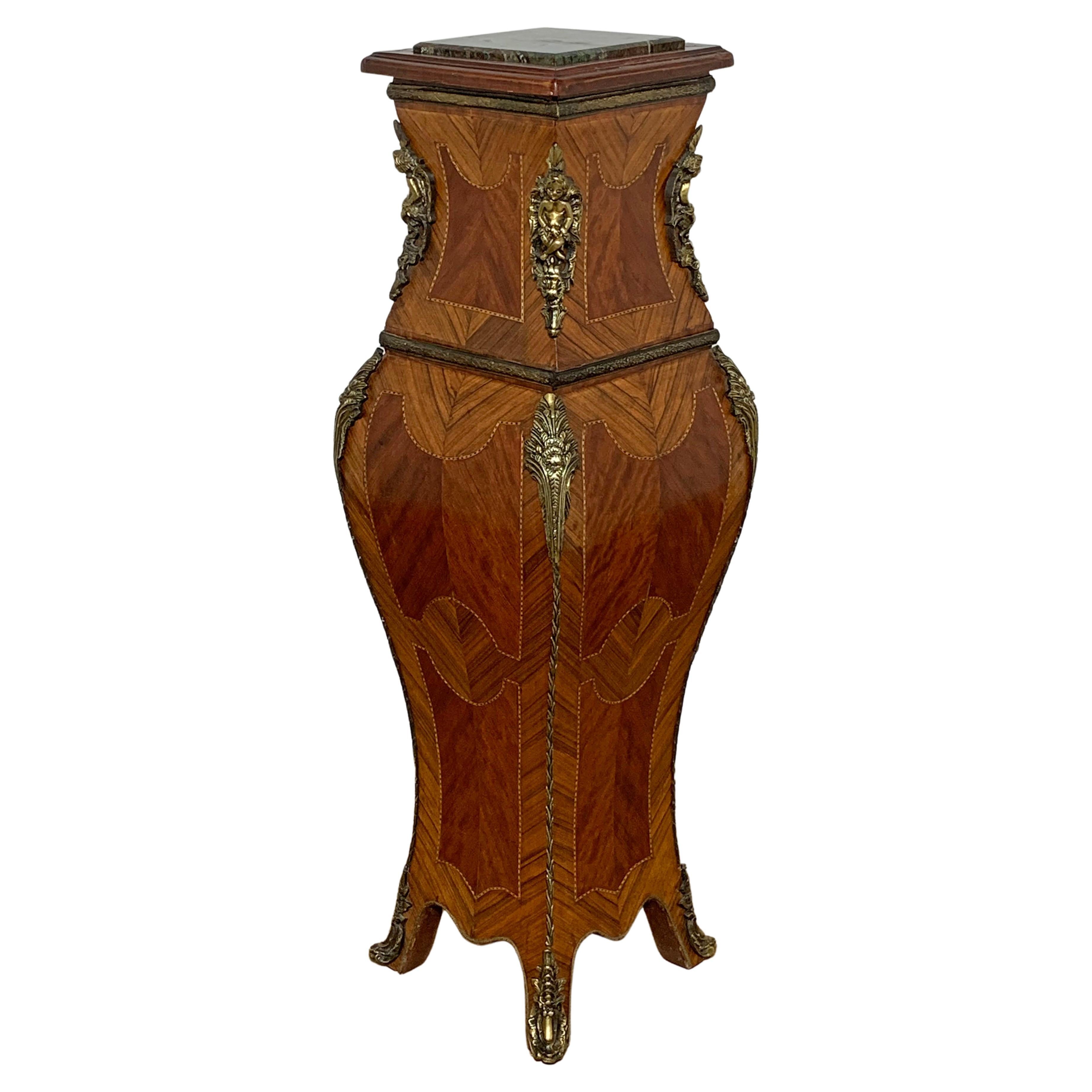 Louis XV Style Gilt Bronze and Wood Parquetry Pedestal With Marble Top Ca. 1950s