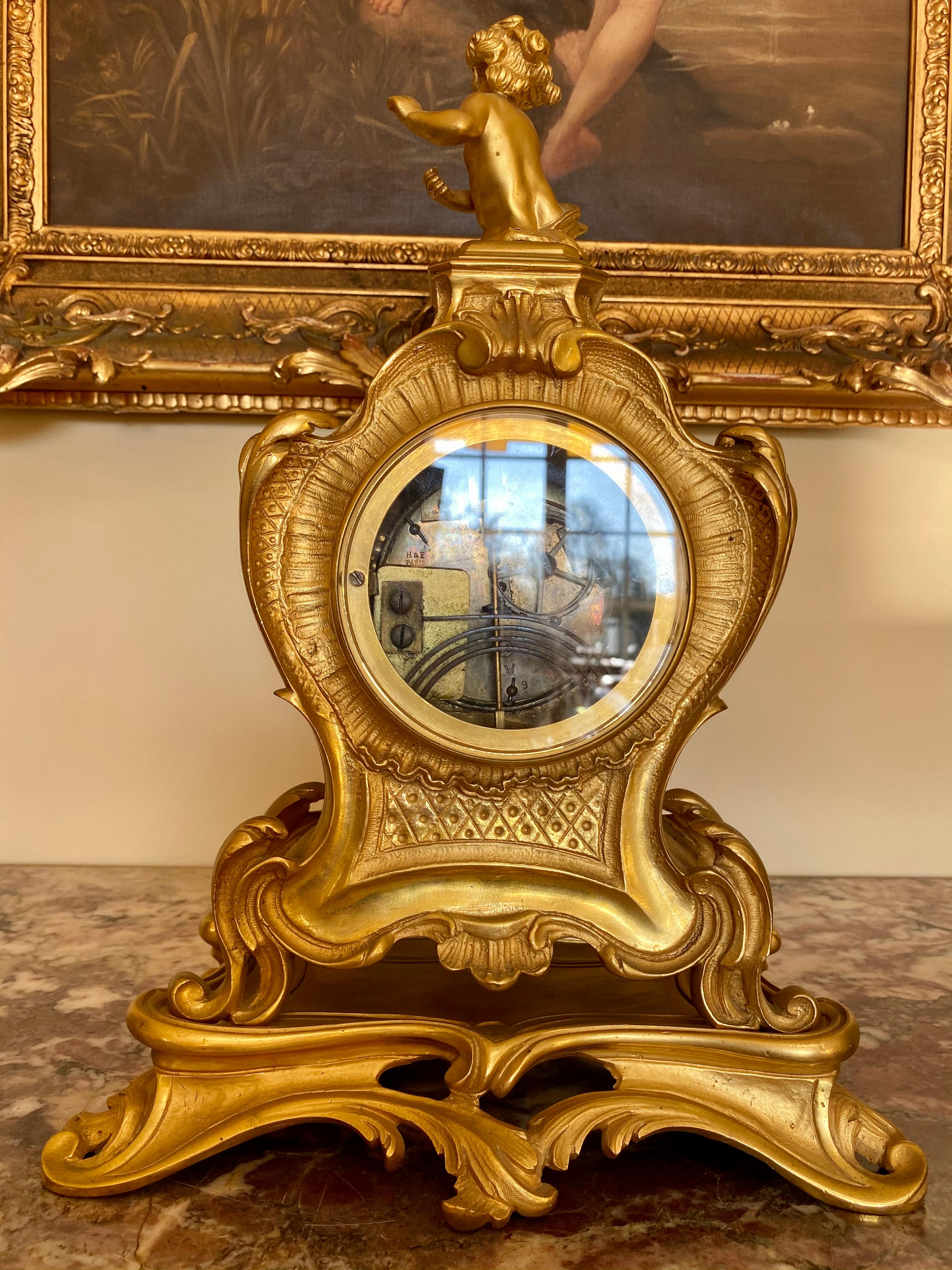 Louis XV Style Gilt Bronze Clock Rocaille, 19th Century 7