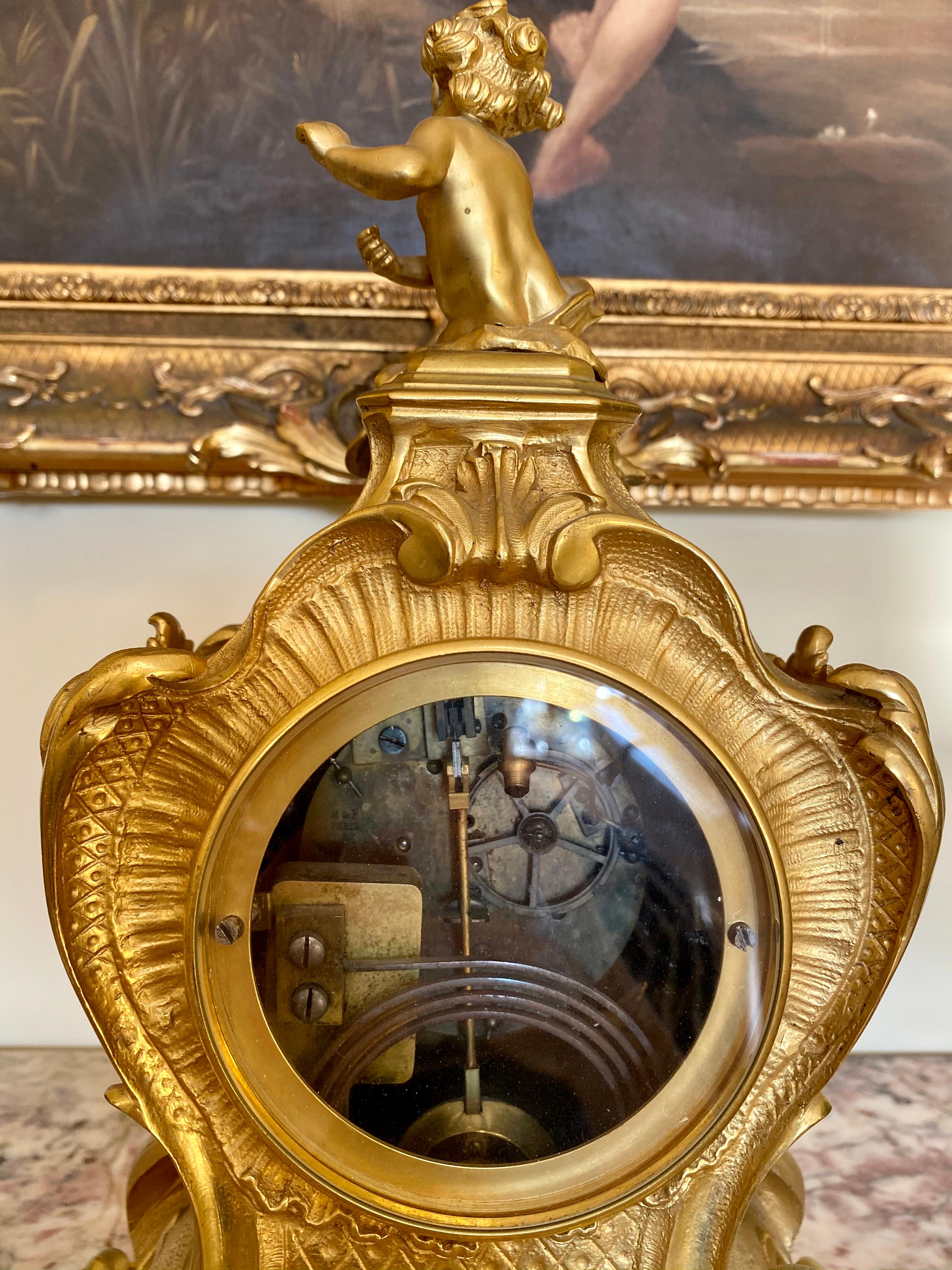 Louis XV Style Gilt Bronze Clock Rocaille, 19th Century 8