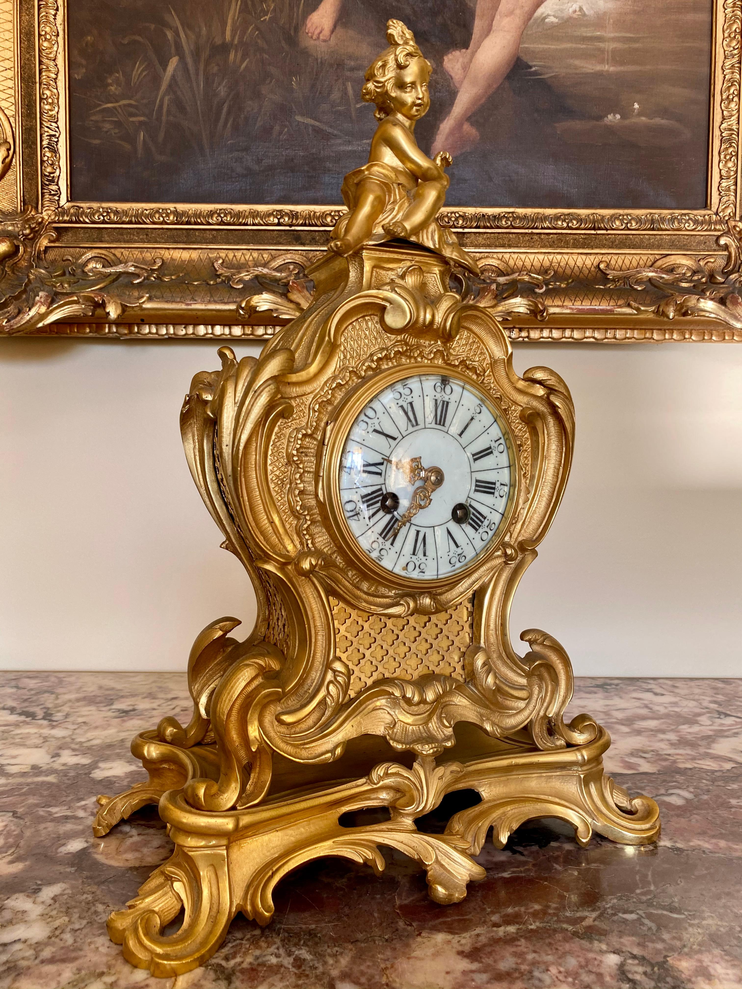 Louis XV Style Gilt Bronze Clock Rocaille, 19th Century 14