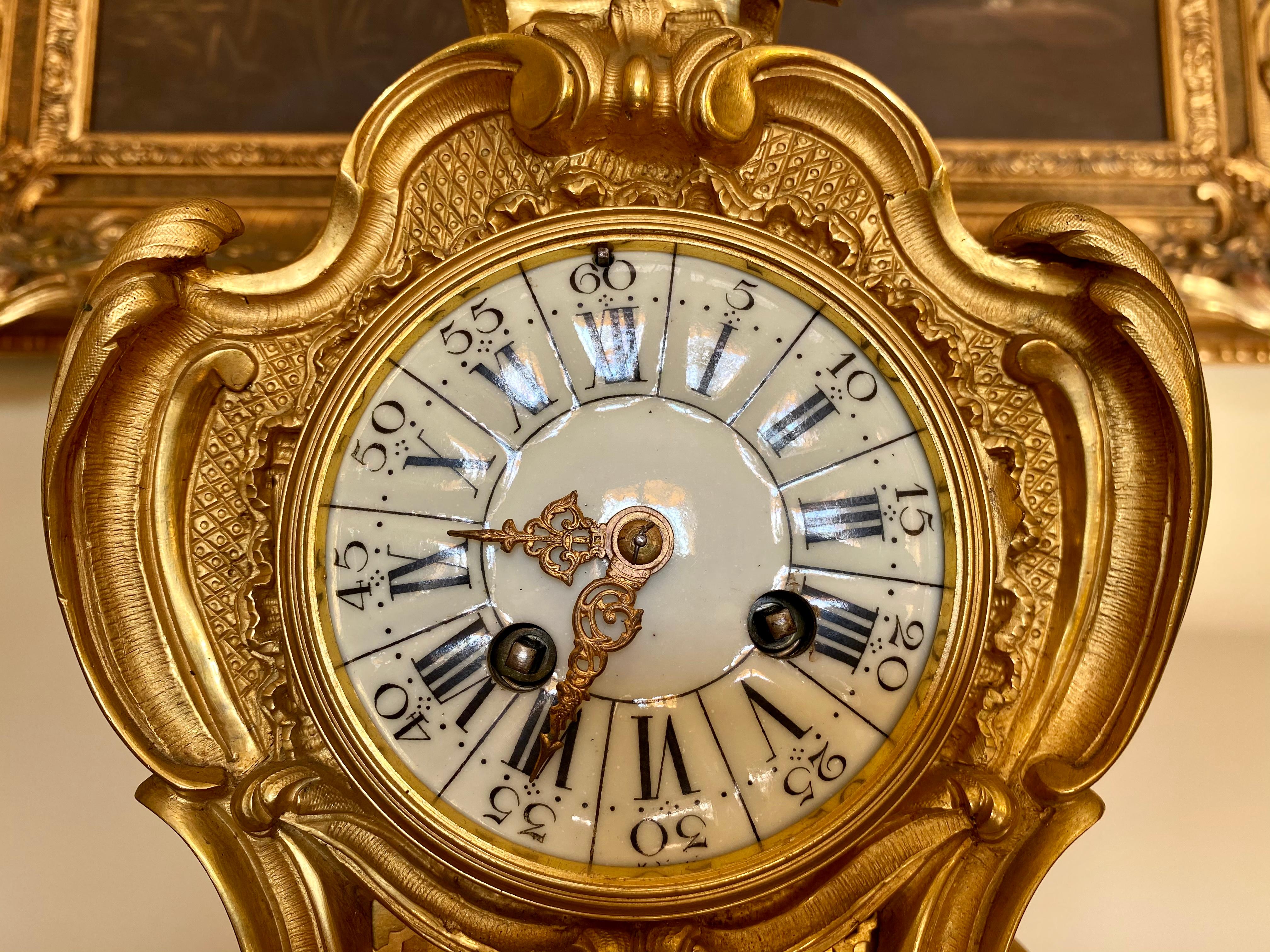 French Louis XV Style Gilt Bronze Clock Rocaille, 19th Century
