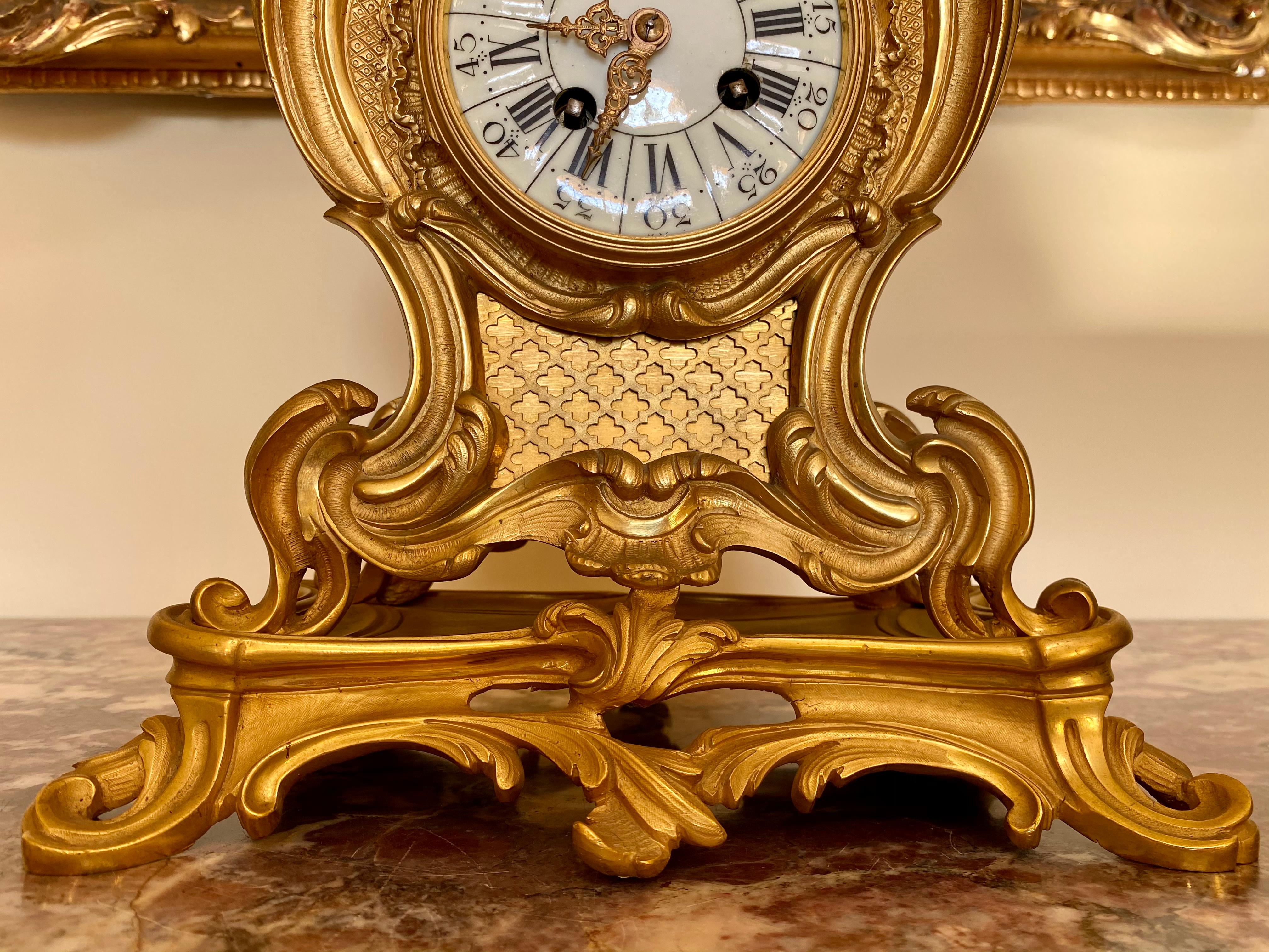 Louis XV Style Gilt Bronze Clock Rocaille, 19th Century In Good Condition In Beaune, FR