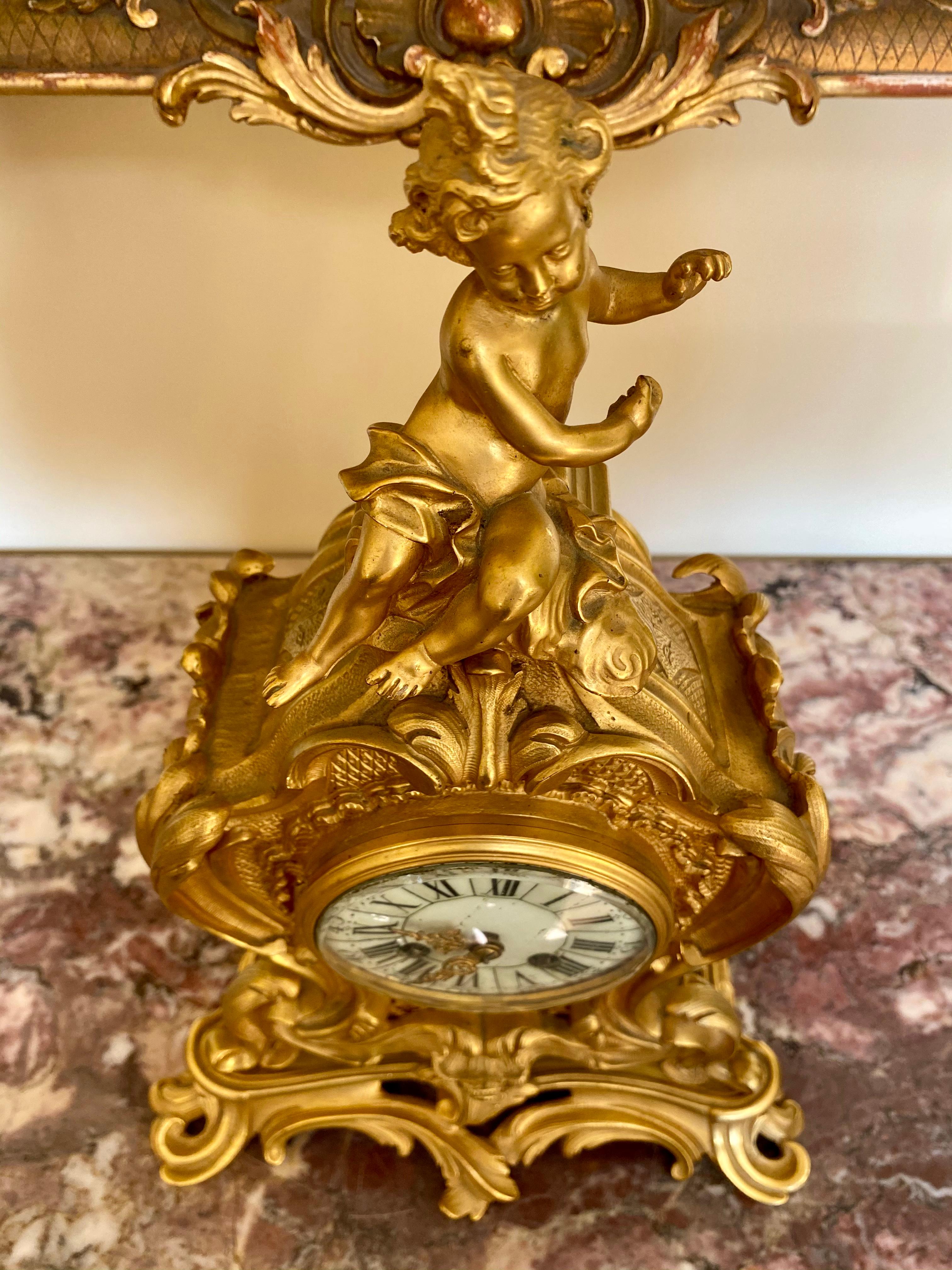 Louis XV Style Gilt Bronze Clock Rocaille, 19th Century 3