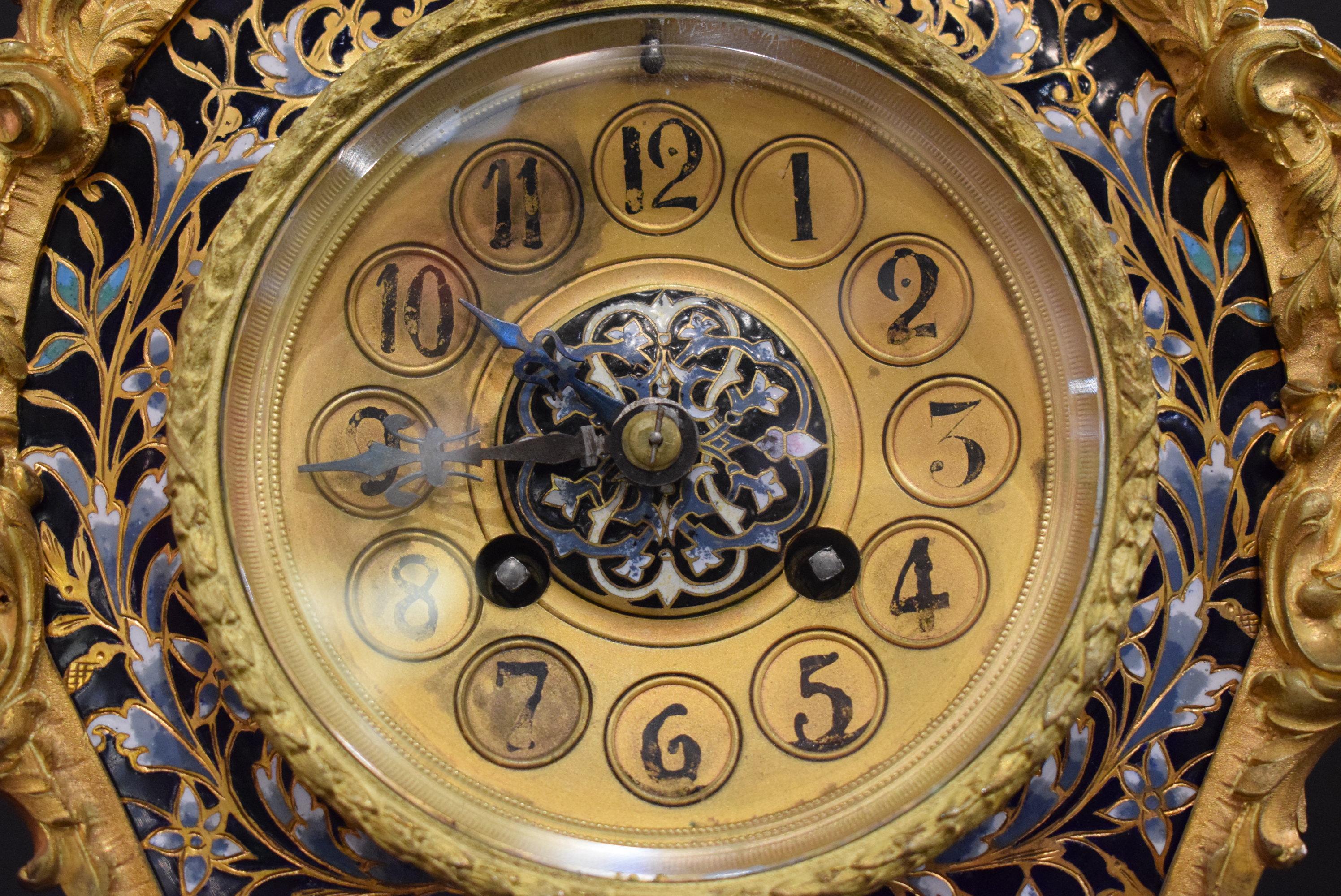 French Louis XV Style Gilt Bronze and Enameled Clock