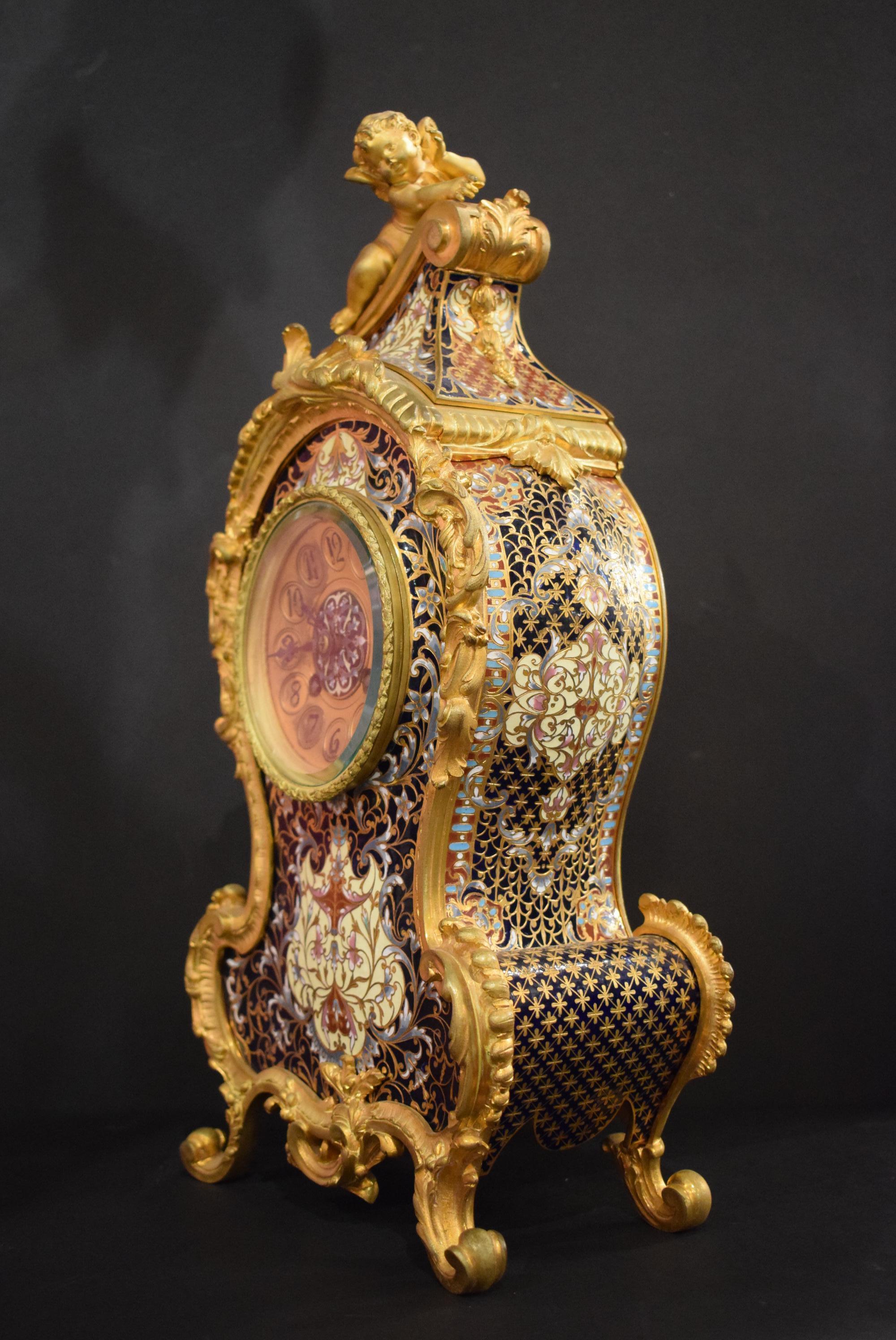 Early 20th Century Louis XV Style Gilt Bronze and Enameled Clock