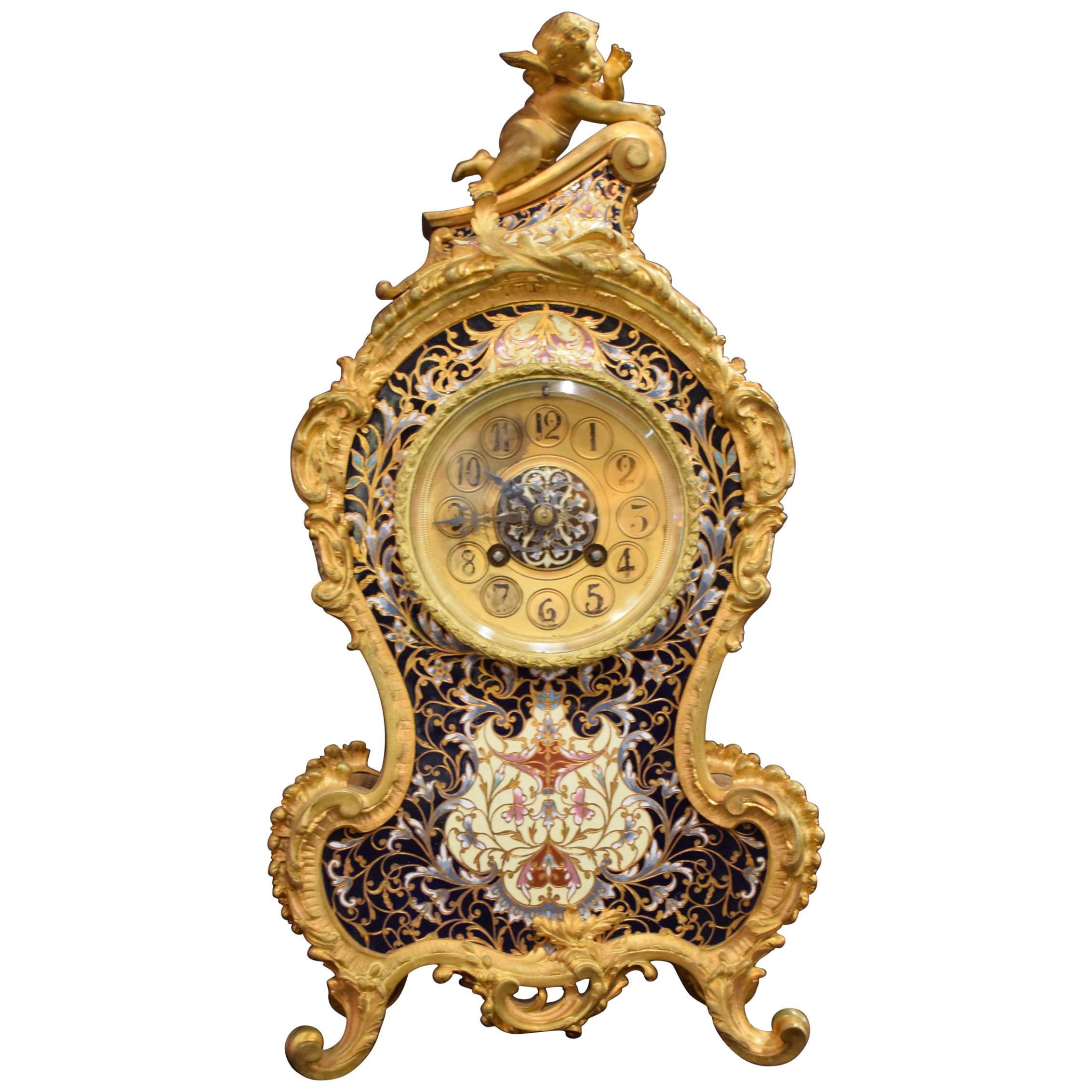 Louis XV Style Gilt Bronze and Enameled Clock