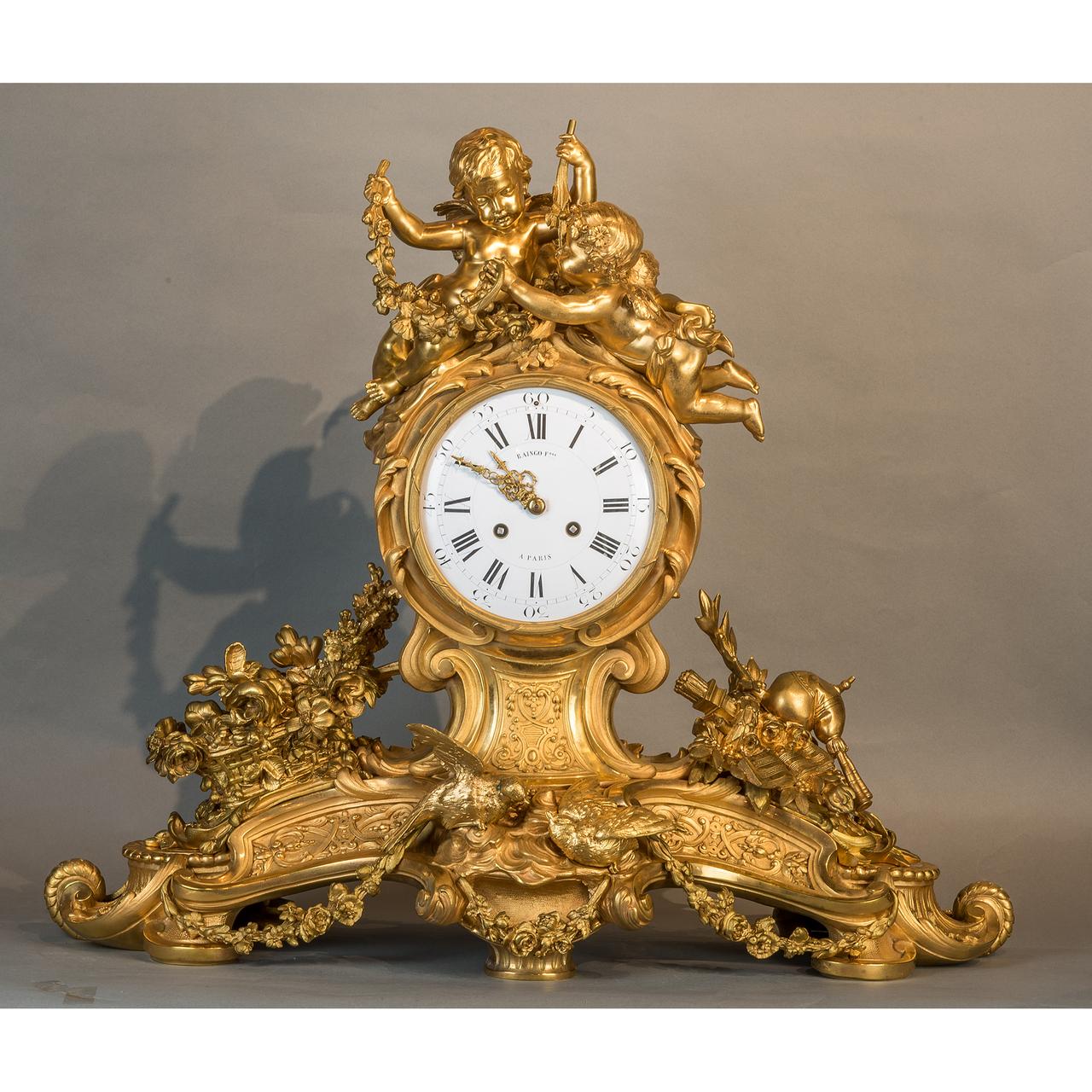 Louis XV Style Gilt Bronze Figural Mantel Clock In Good Condition For Sale In New York, NY
