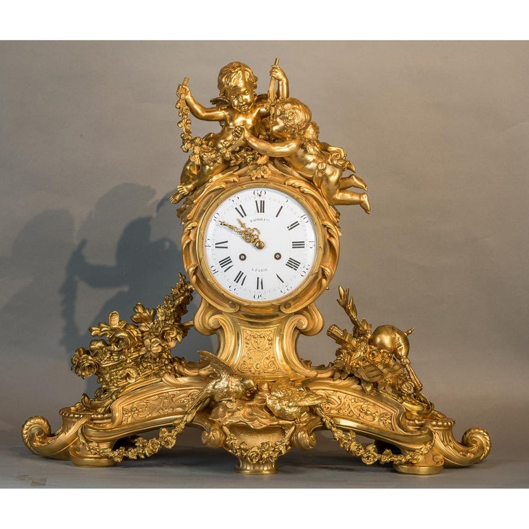 Louis XV Style Gilt Bronze Figural Mantel Clock In Good Condition In New York, NY