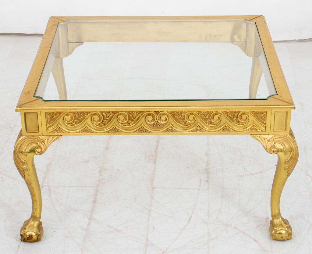 Louis XV Style Gilt Bronze Glass Top Coffee Table, with scrolling foliate design and four cabriole legs. 18