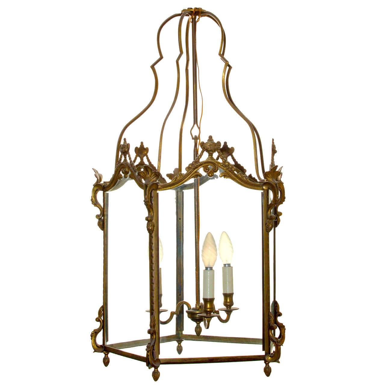 French Louis XV Style Gilt Bronze Hexagonal Hall Lantern For Sale