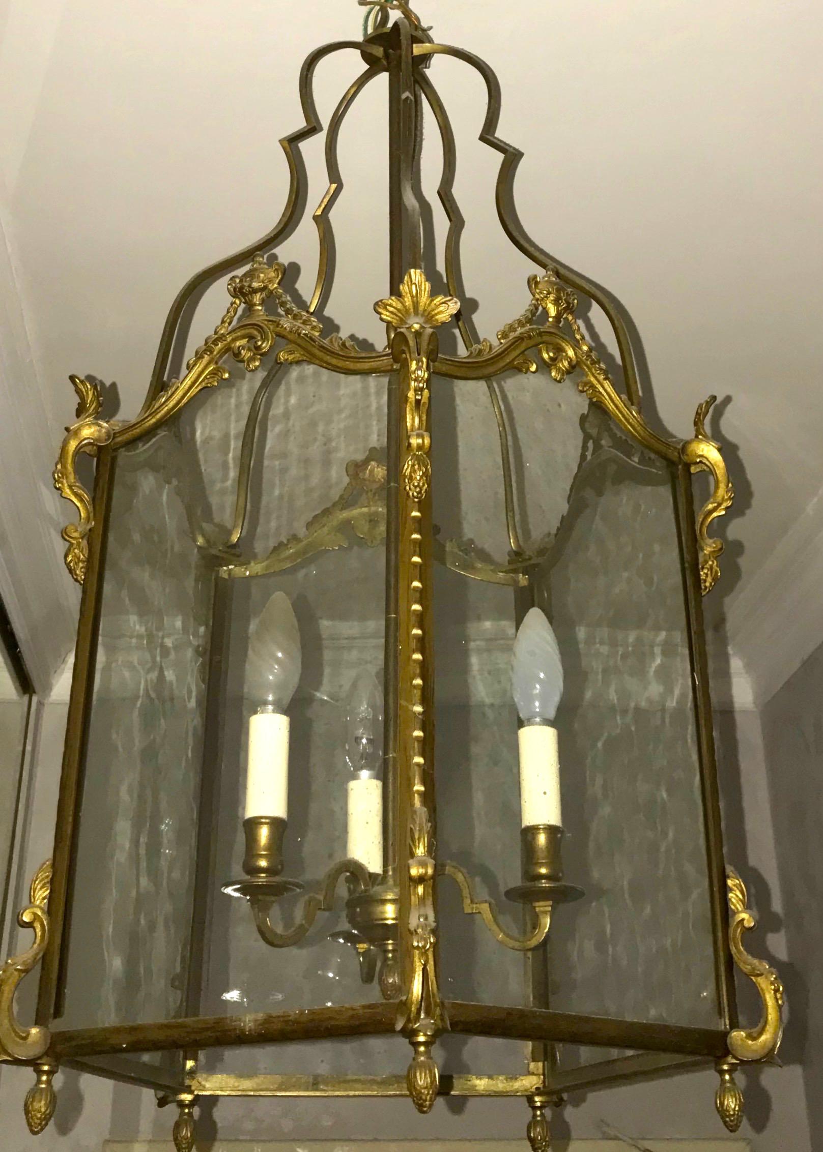 19th Century Louis XV Style Gilt Bronze Hexagonal Hall Lantern For Sale