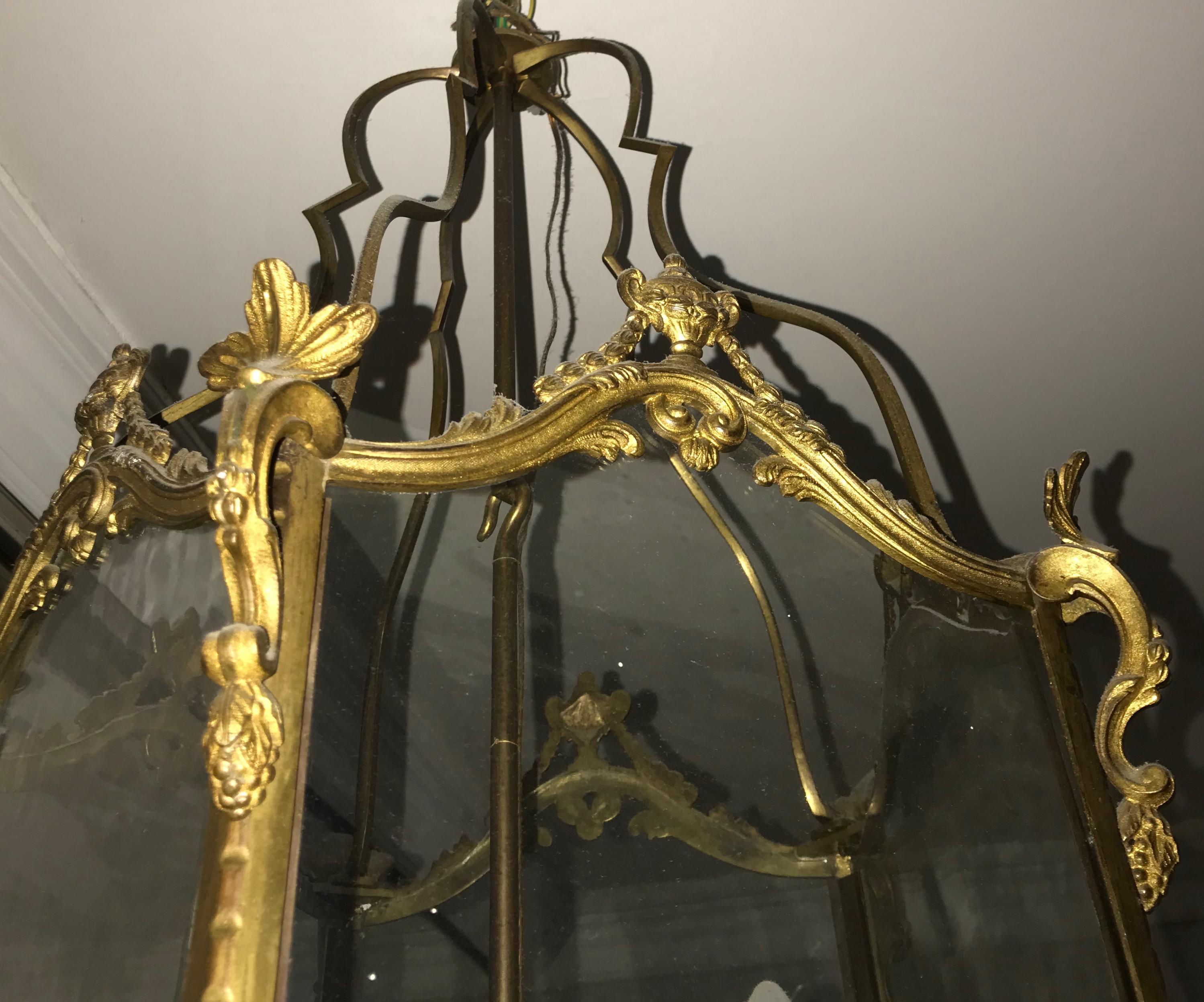 Louis XV Style Gilt Bronze Hexagonal Hall Lantern For Sale 3
