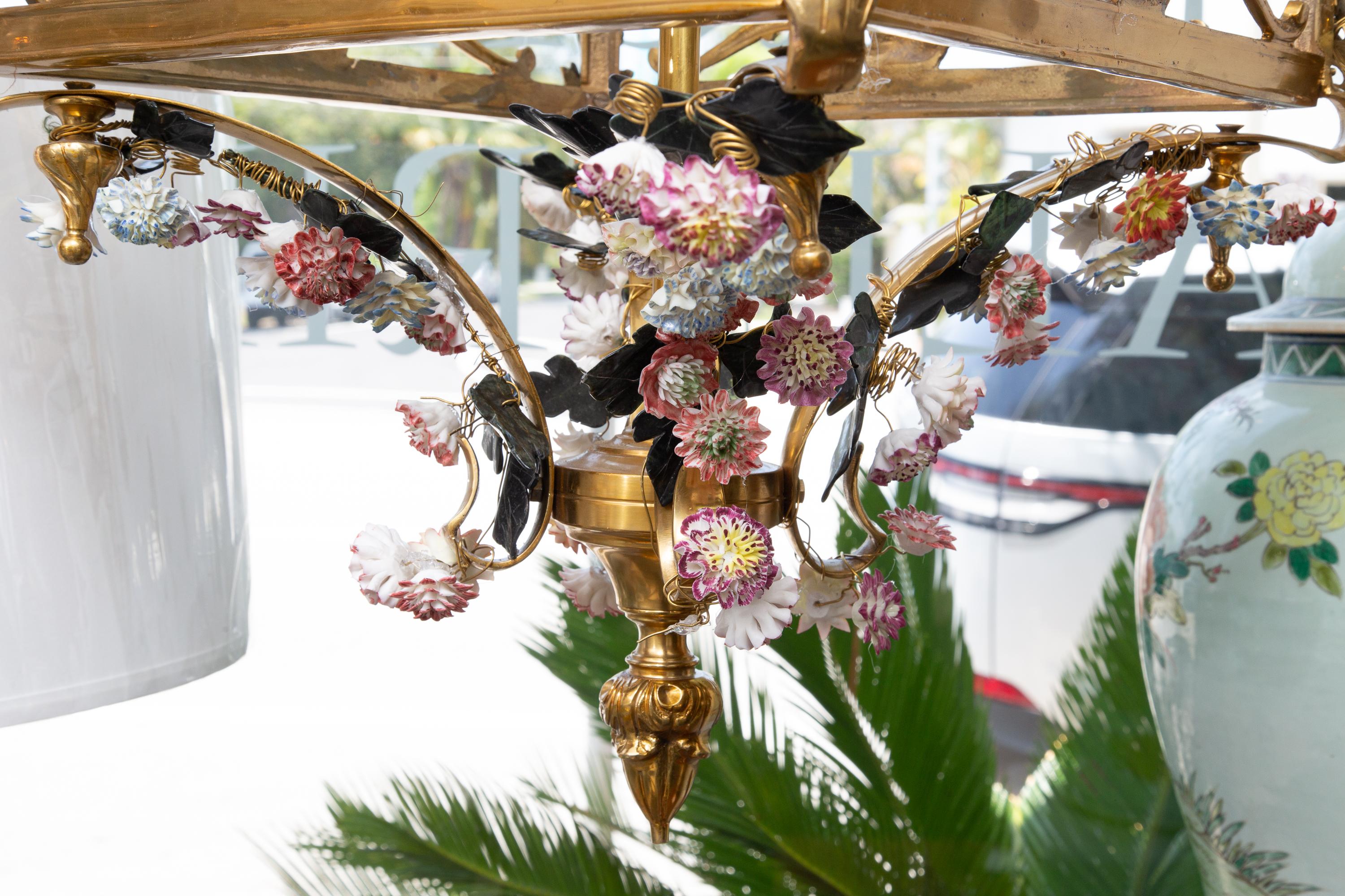 French Louis XV Style Gilt Bronze Lantern with Porcelain Floral Decorations For Sale