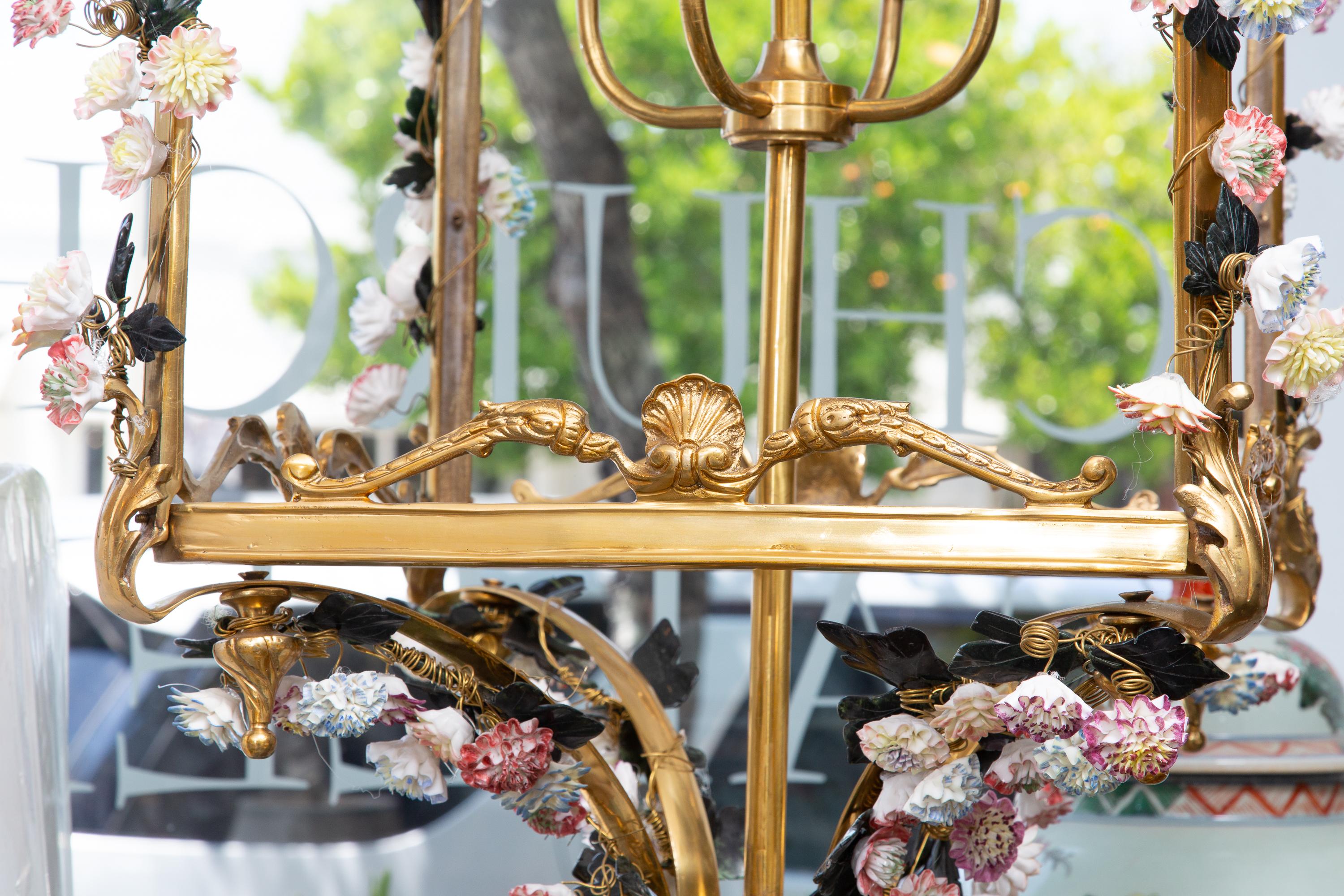 19th Century Louis XV Style Gilt Bronze Lantern with Porcelain Floral Decorations For Sale