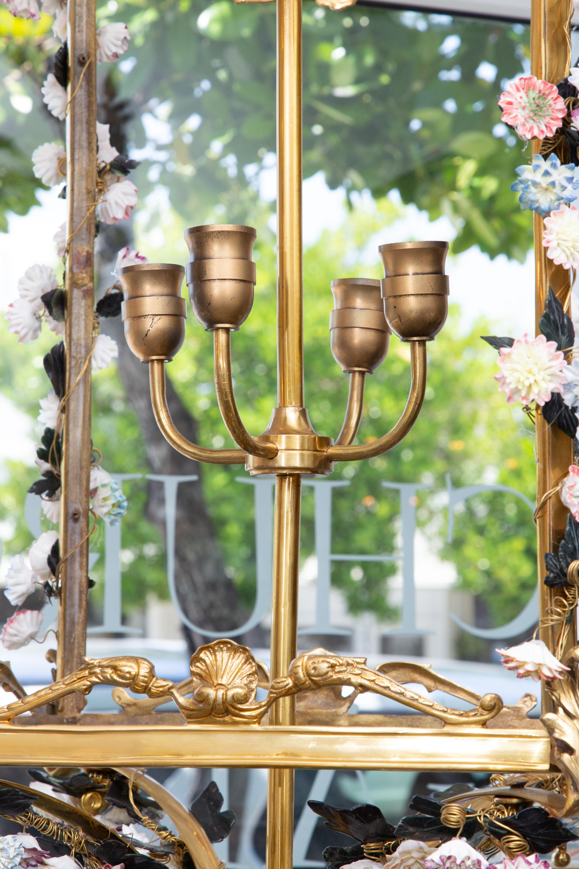Louis XV Style Gilt Bronze Lantern with Porcelain Floral Decorations For Sale 2