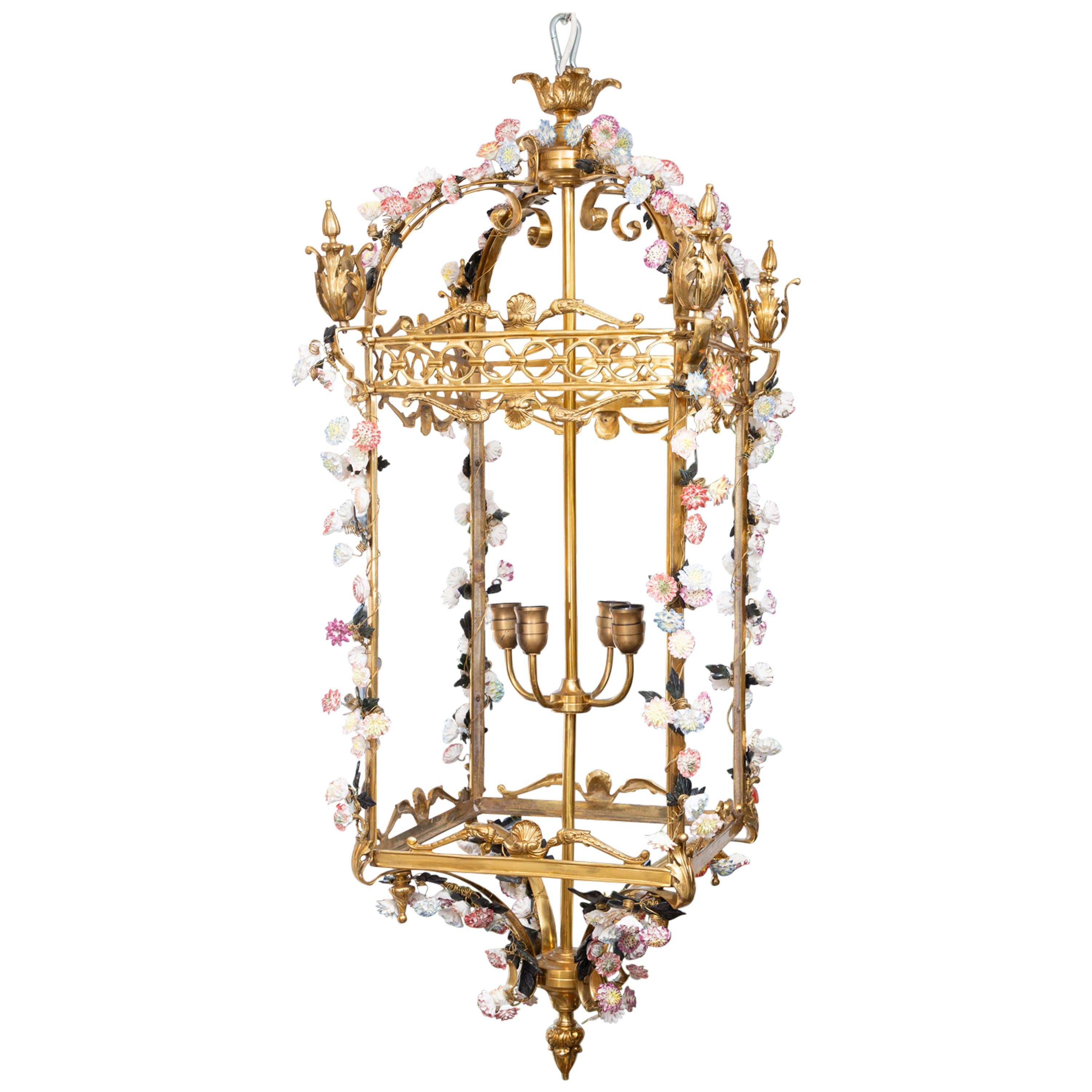 Louis XV Style Gilt Bronze Lantern with Porcelain Floral Decorations For Sale