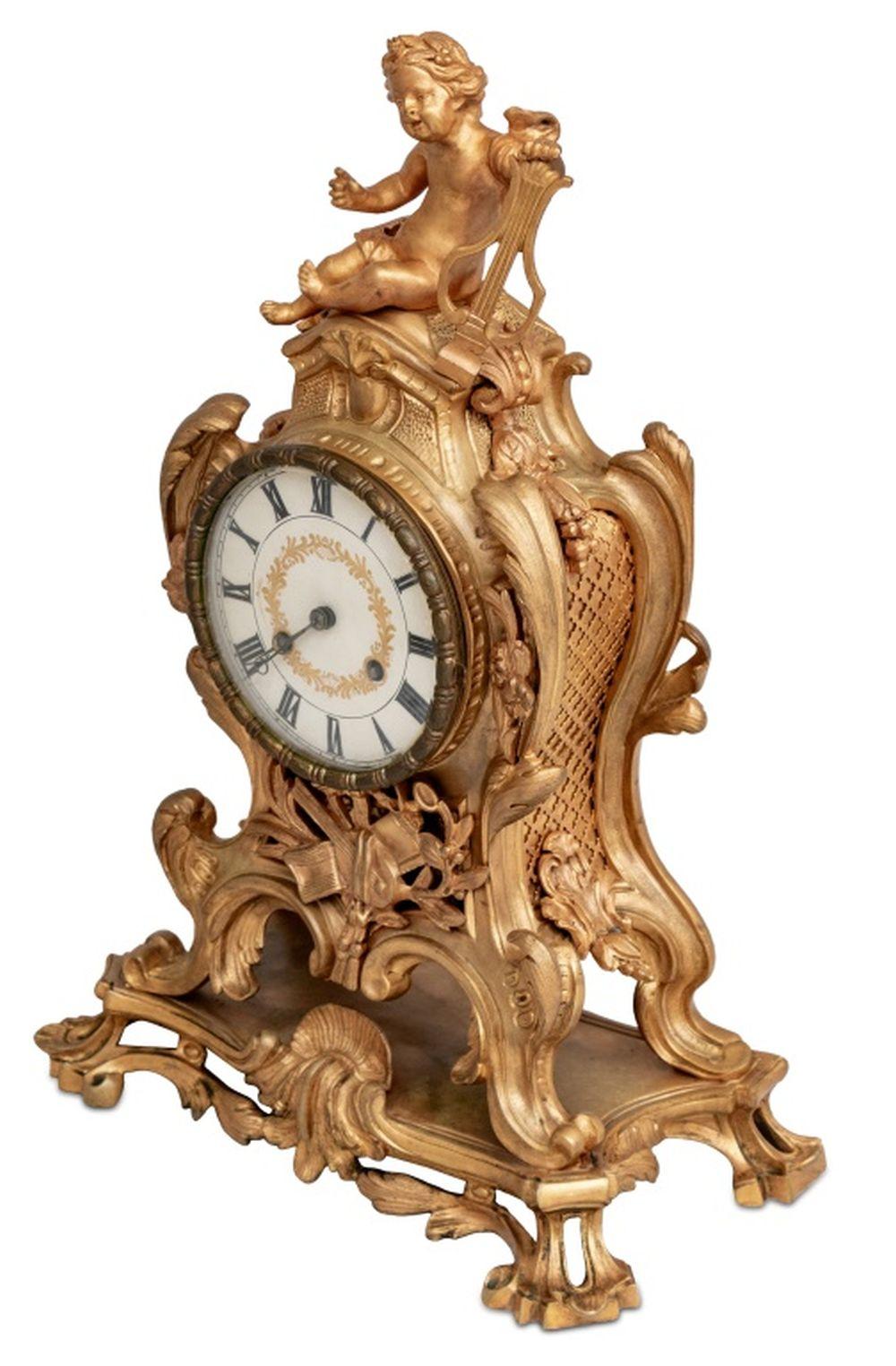 French Louis XV Style Gilt Bronze Mantel Clock For Sale