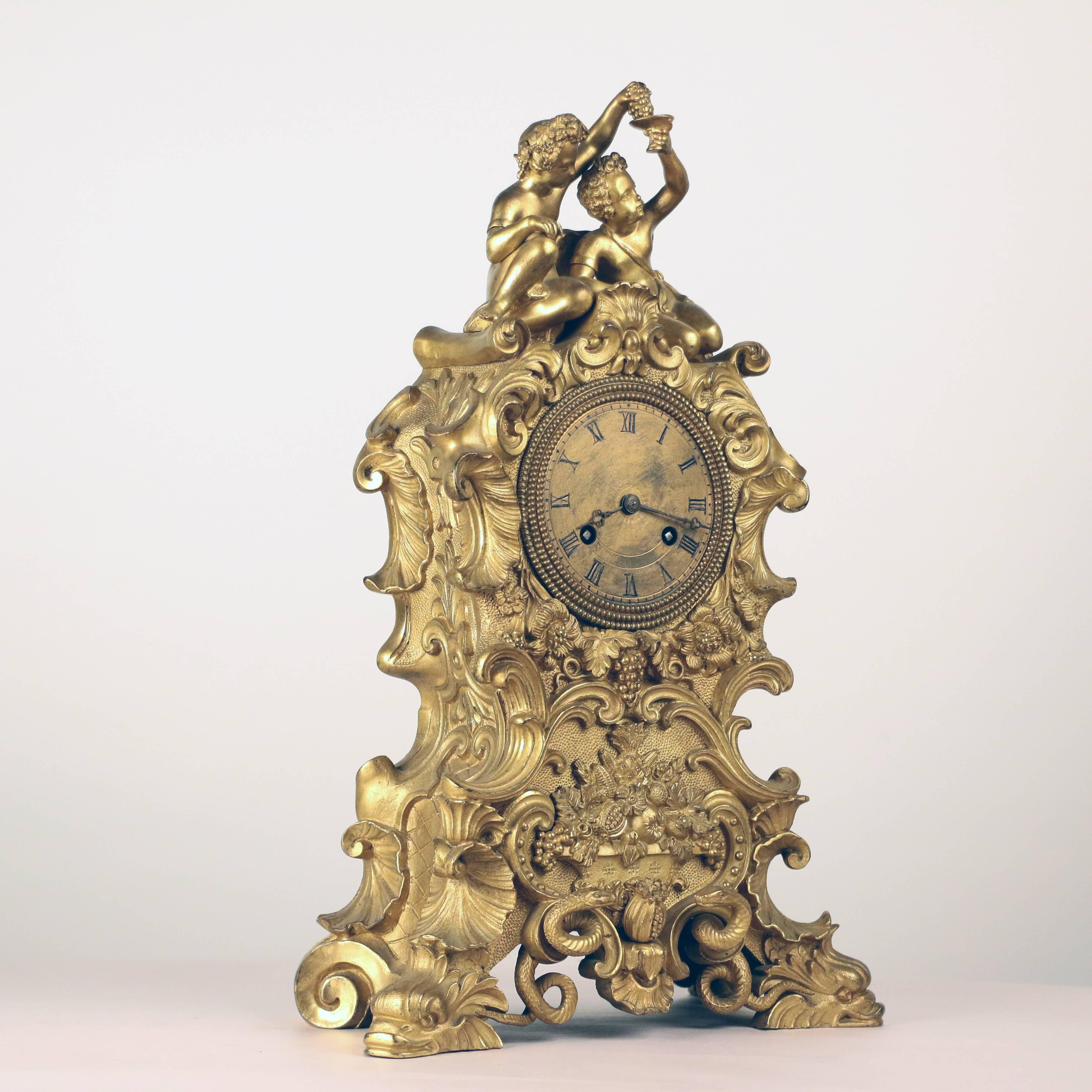 Louis XV Style Gilt Bronze Mantle Clock in the Rocco Taste For Sale 1