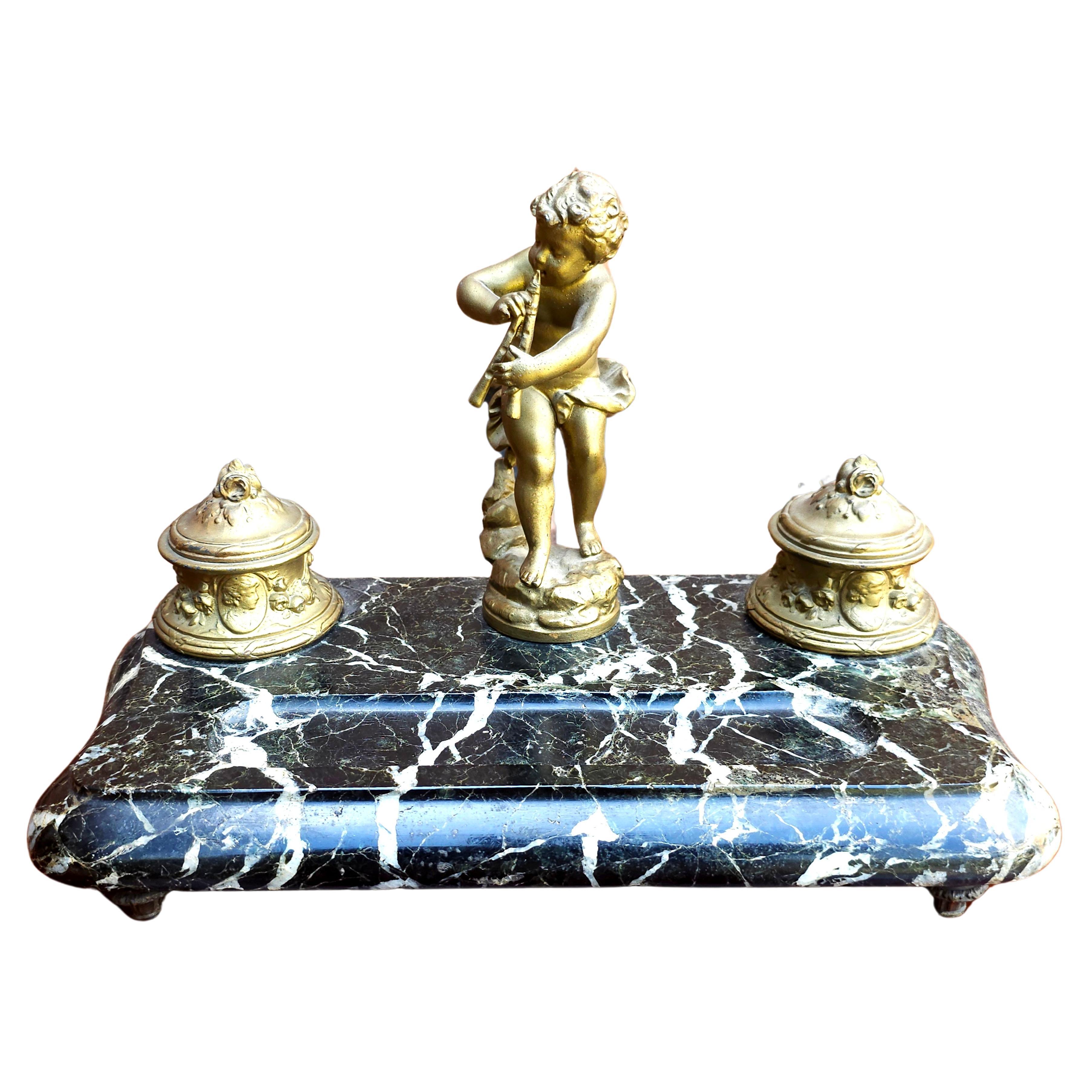 Louis XV Style Gilt Bronze Mounted Black Marble Standish Double Inkwell