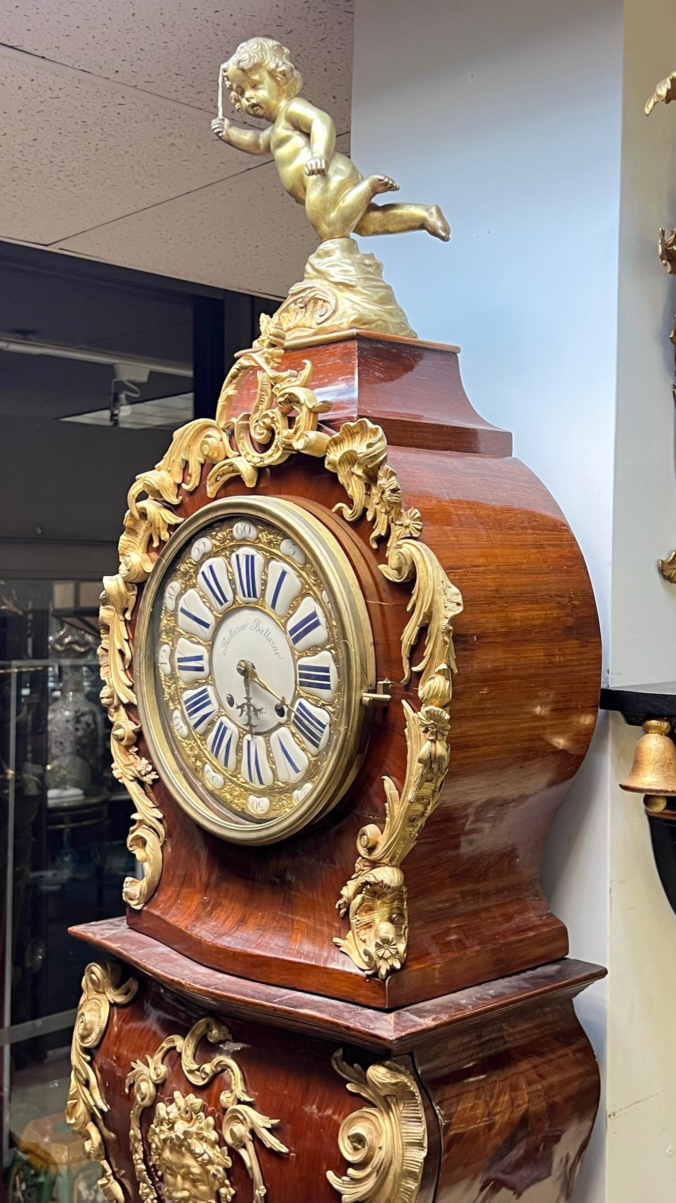 Louis XV-Stil vergoldete Bronze montiert Kingwood Tall-Gehäuse Uhr mit Intarsien Intarsien im Angebot 12
