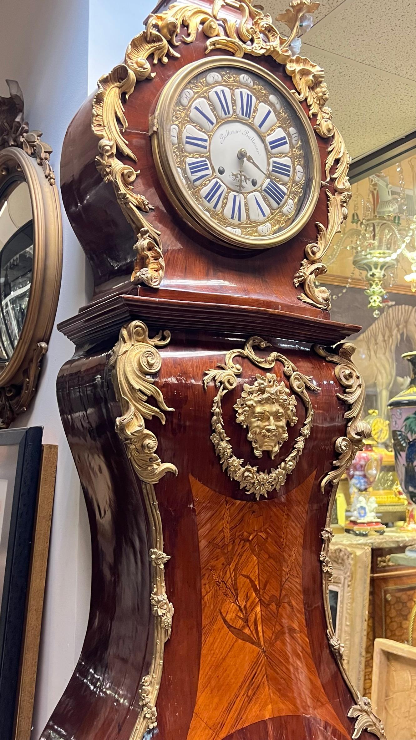 French Louis XV-Style Gilt Bronze Mounted Kingwood Tall-Case Clock with Marquetry Inlay For Sale